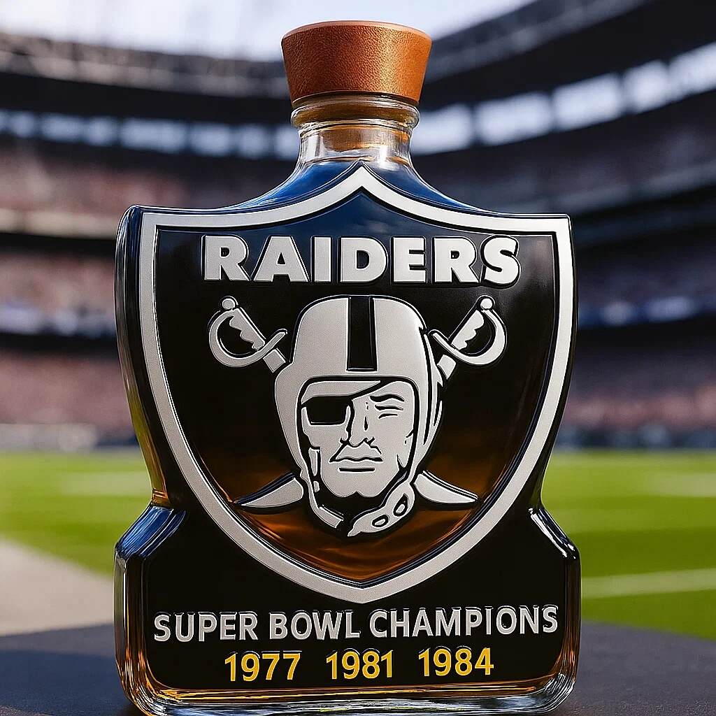 Las Vegas Raiders 3-time Super Bowl Champion Whiskey Bottle