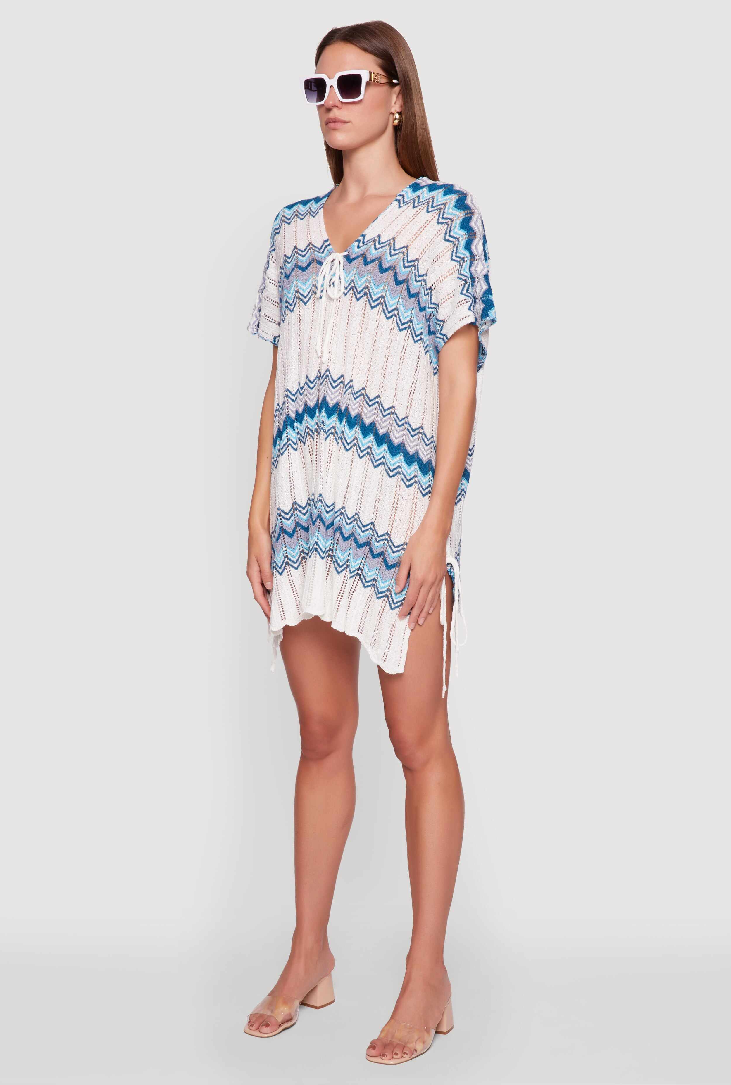 Stylish Crochet V-Neck Cover Up Dress with Tie Front