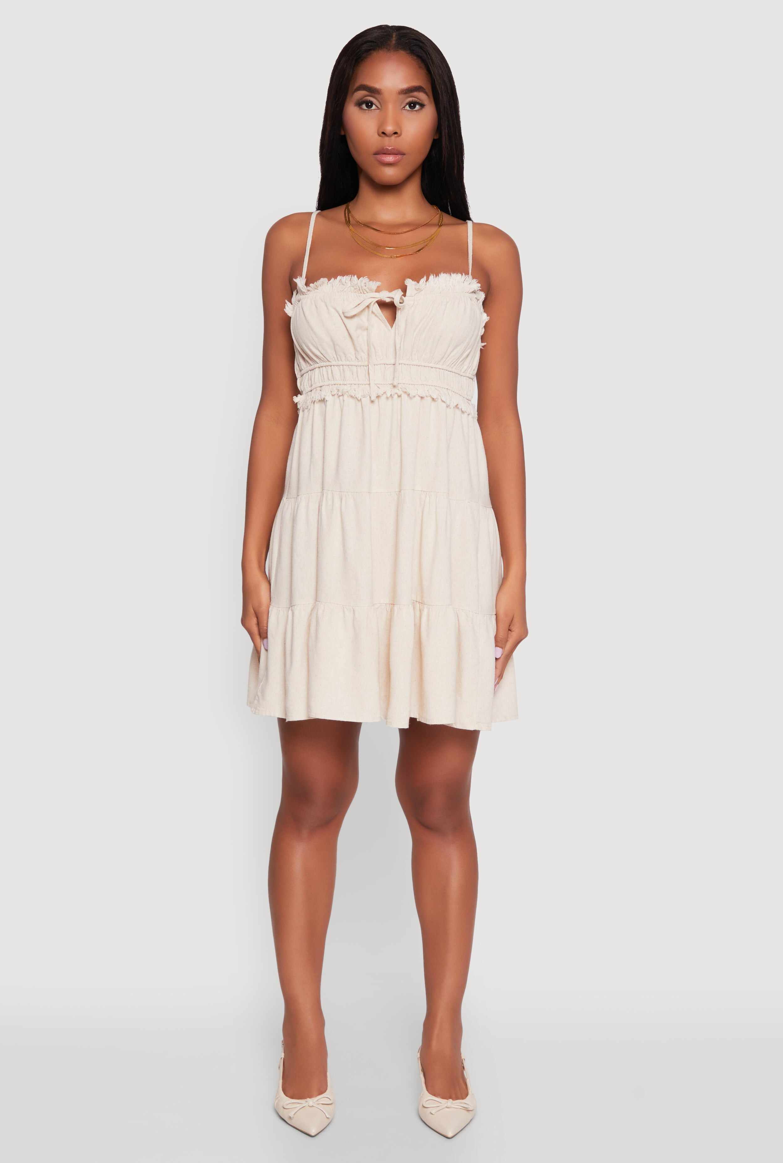 Haute Monde Linen Sleeveless Tiered Dress with Frayed Detail
