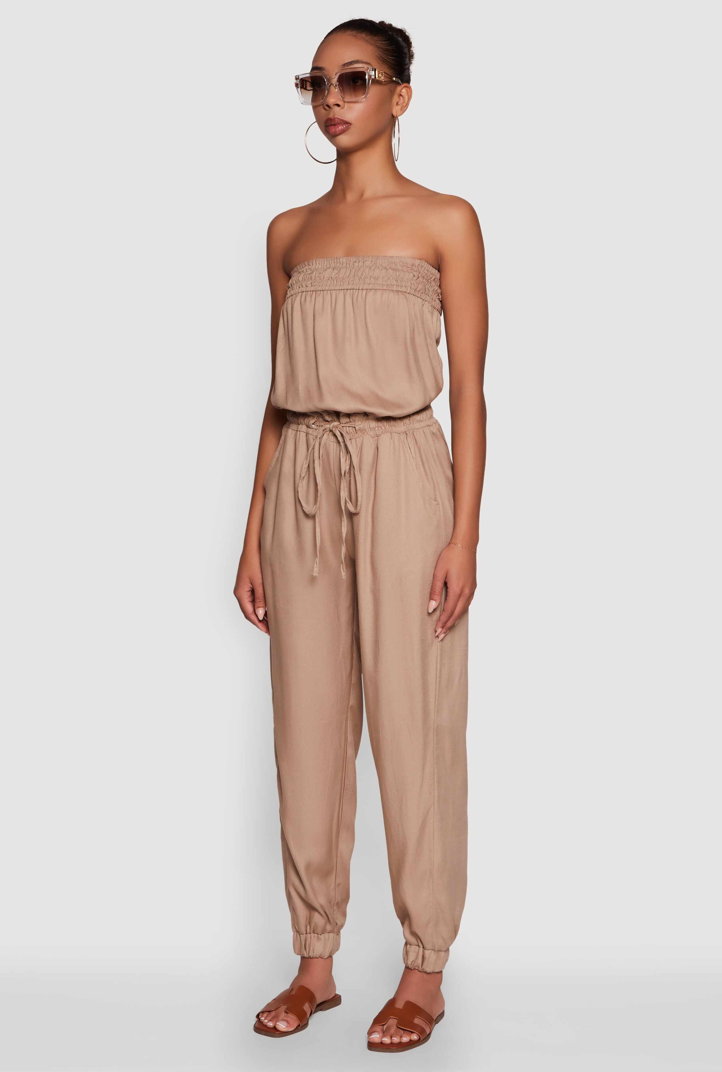 Strapless Smocked Drawstring Waist Jumpsuit