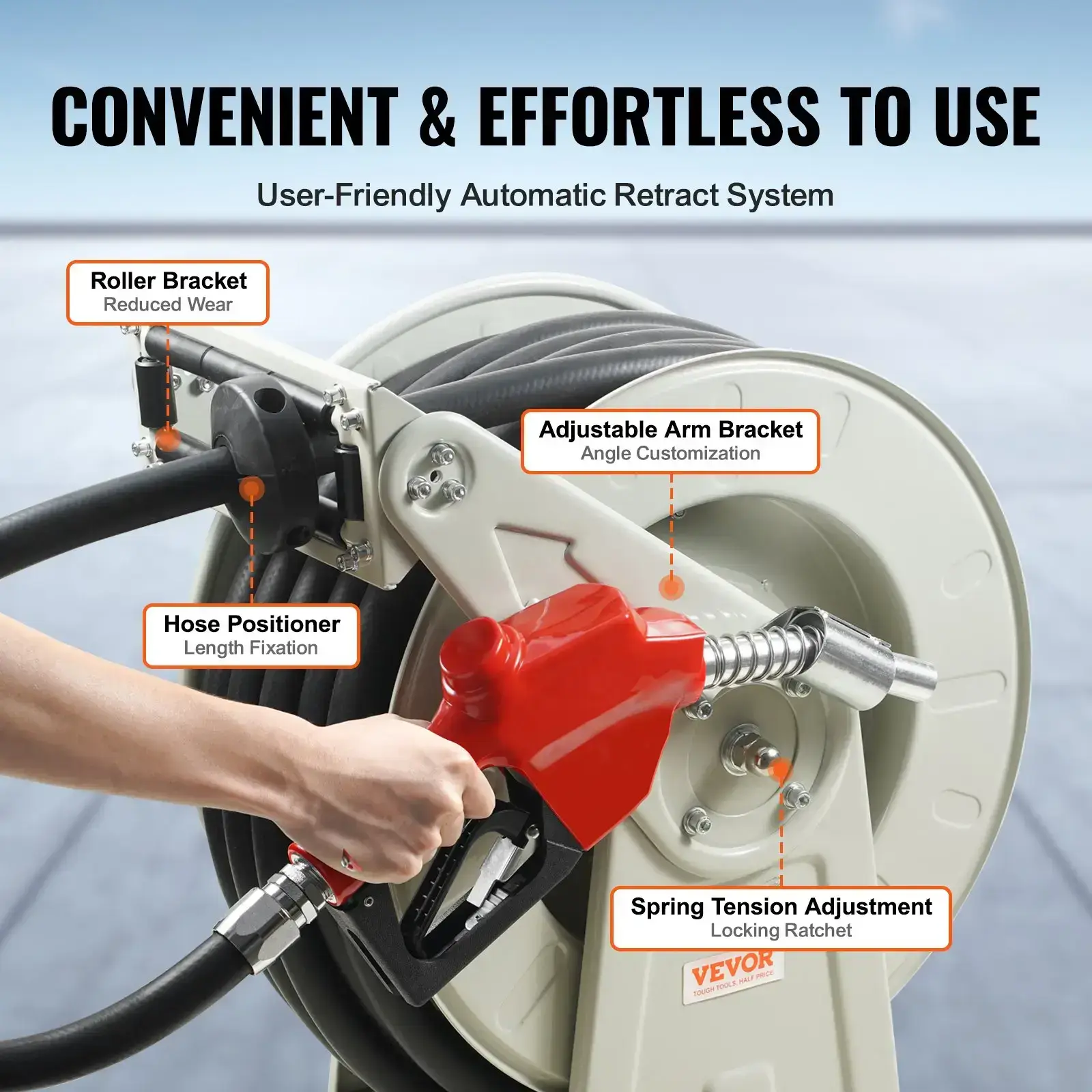 Fuel Hose Reel,Extra Long Retractable Diesel Hose Reel, Heavy-Duty Carbon Steel Construction with Automatic Fuel Nozzle, NBR Rubber Hose for Aircraft Ship Vehicle Tank Truck, 300PSI