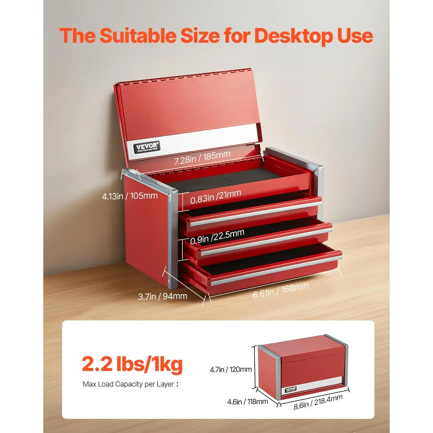 8.6 Inch Portable Metal Tool Box with 3 Drawers, Heavy Duty Steel Small Tool Chest with EVA Liners & PP Feet Pads, Ball Bearing Slides & Powder Coated Finish