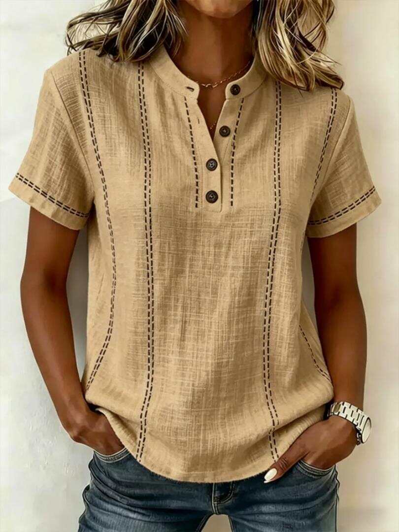 Casual Short-Sleeve Striped Stand Collar Panel Shirt