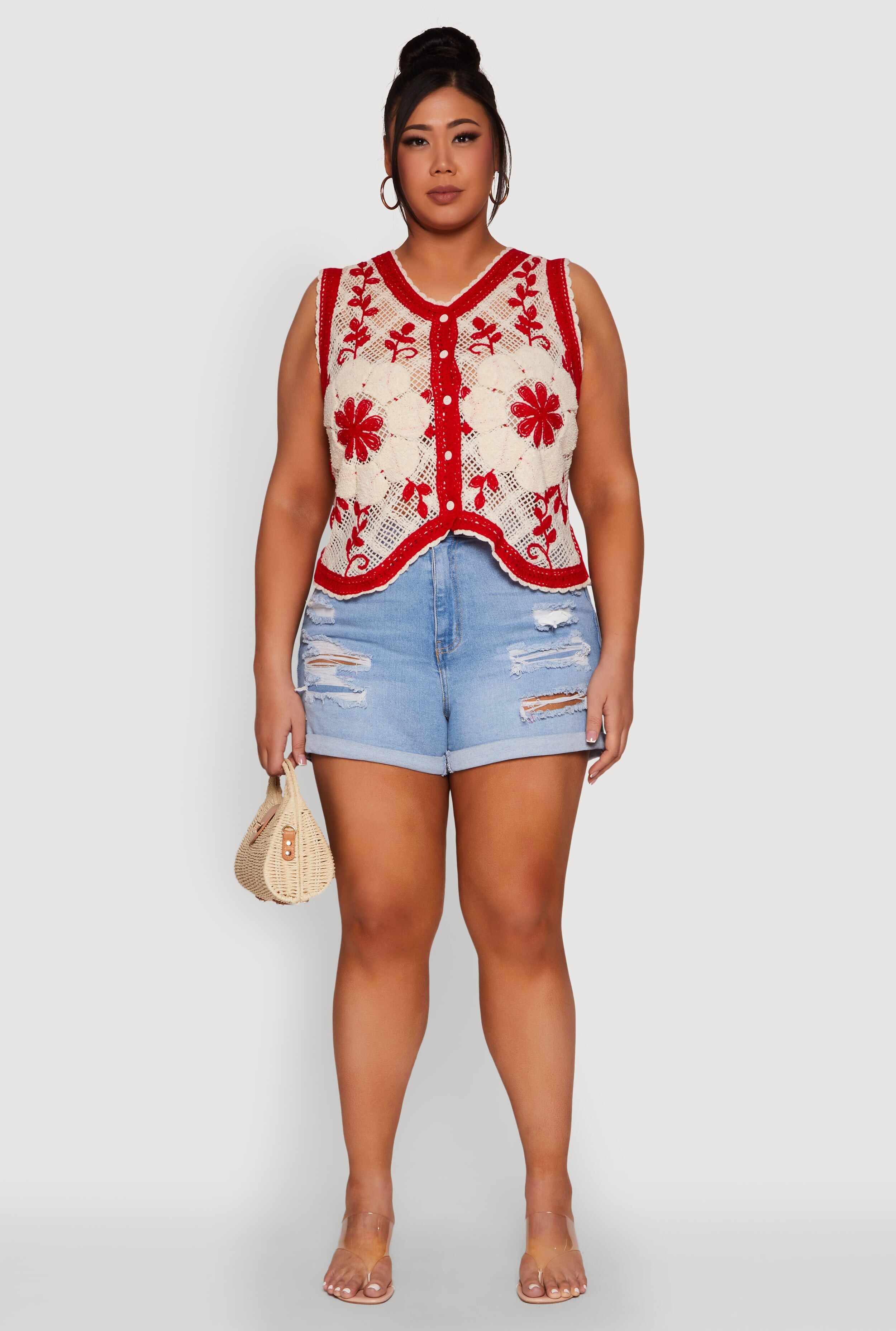 Plus Size Floral Pattern Crochet Vest