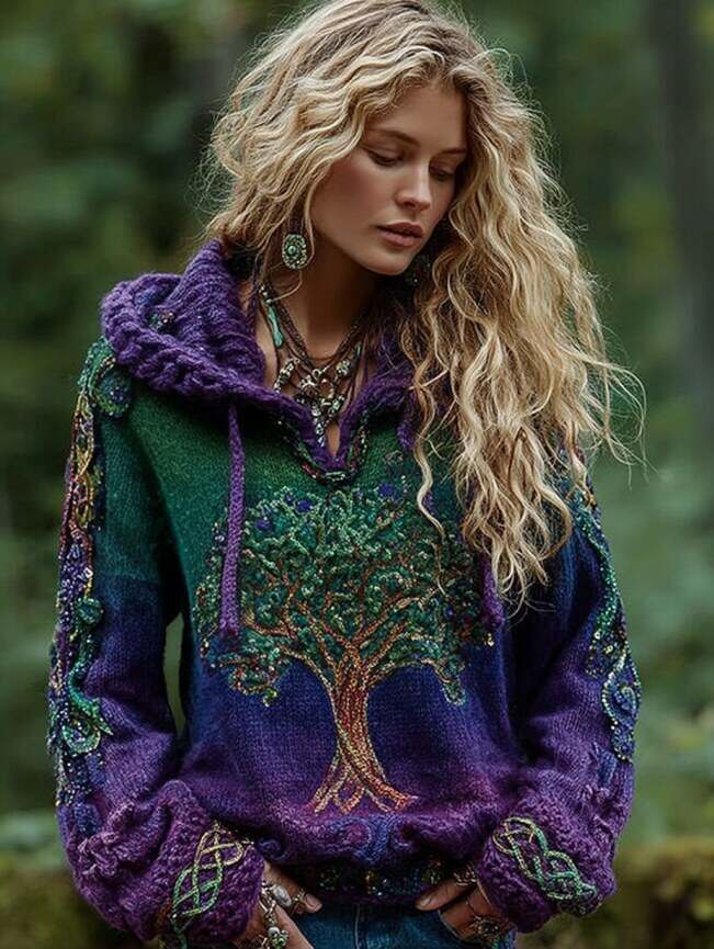 Women's Viking Life Of Tree Gradient Art Knitted Warm Hooded Sweater