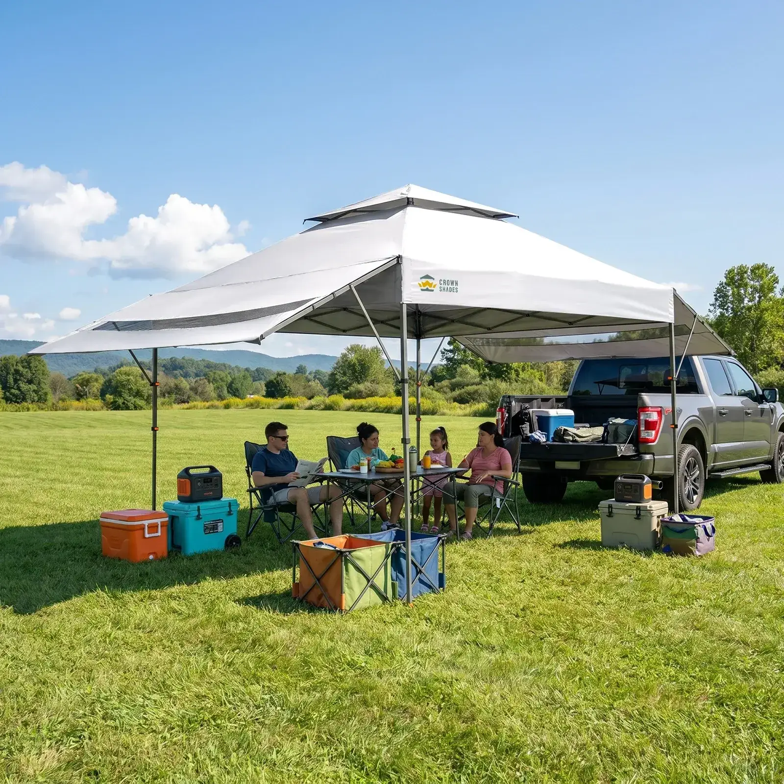 10x10 Pop Up Canopy Tent with Patented Center Lock, Instant Commercial Canopy with Extendable Awning, 150D Silver Coated Fabric, 4 Weight Bags, Ropes, Stakes & STO ’N Go Wheeled Bag