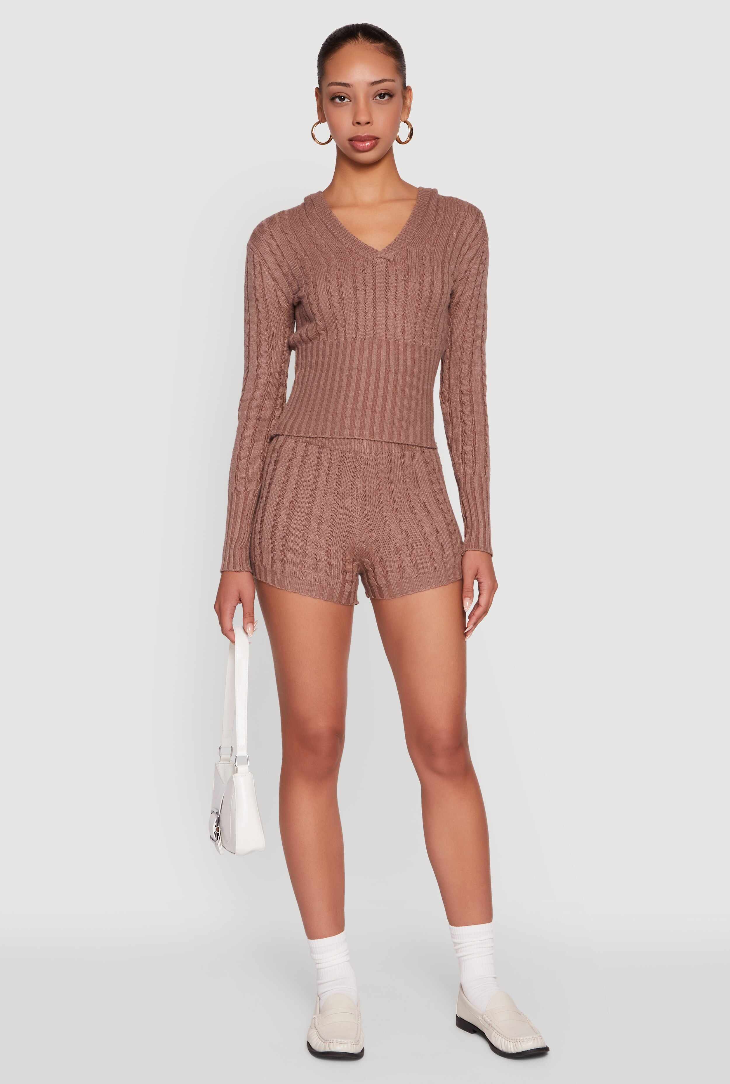 Cable Knit V Neck Hooded Sweater