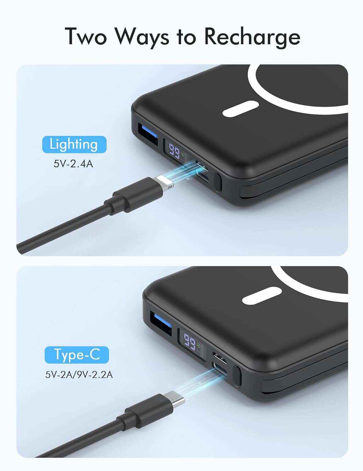 podoru Wireless Portable Charger, 10000mAh Magnetic Power Bank Built-in USB-C Lighting Cables 22.5W PD Fast Charging LED Display Mag-Safe Battery Pack for iPhone 15/14/13/12/Mini/Pro/Pro Max - White