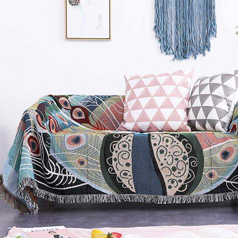 Peacock Print Tassel Reversible Blanket