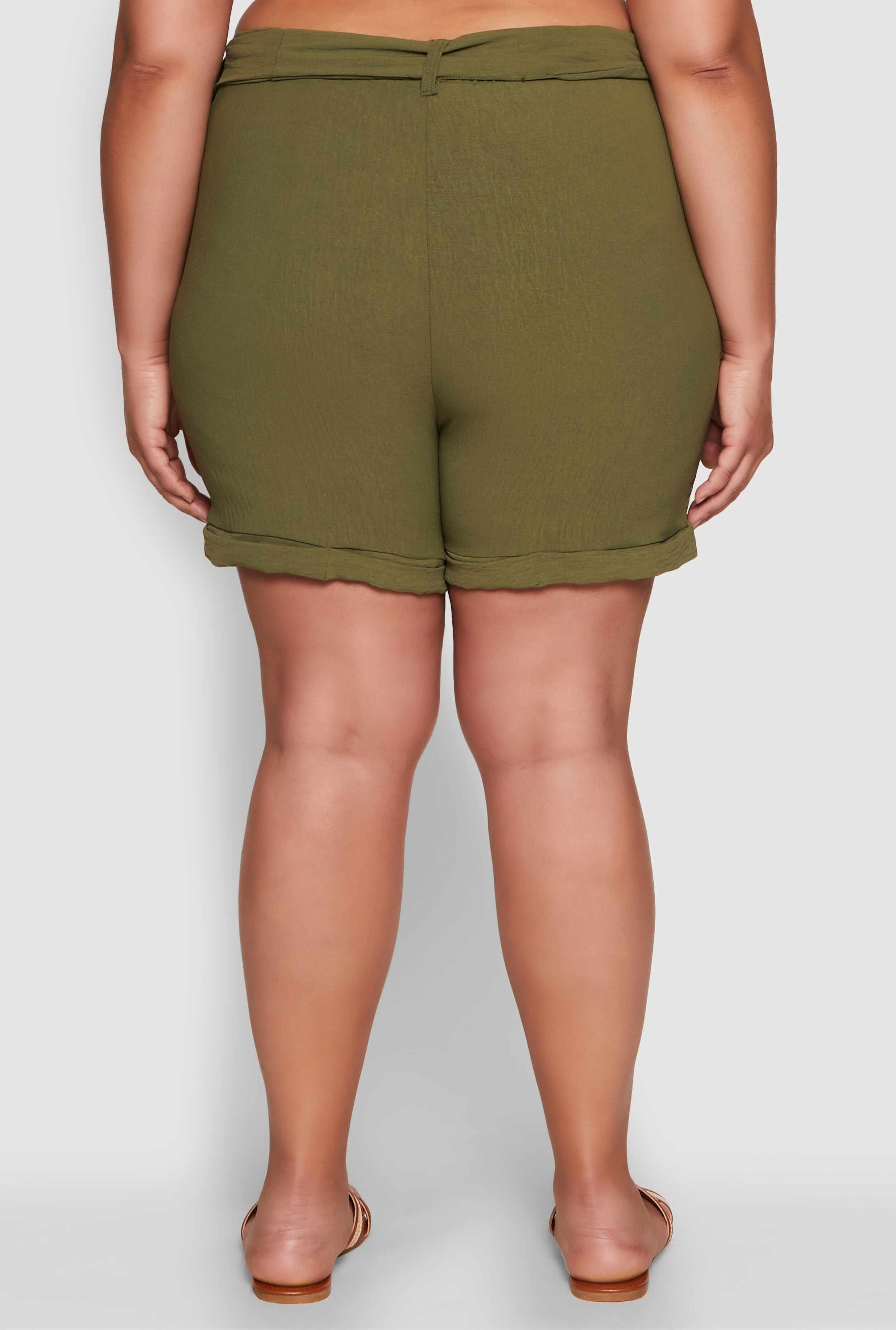 Plus Size Fixed Cuff Shorts with Tie Waist Belt