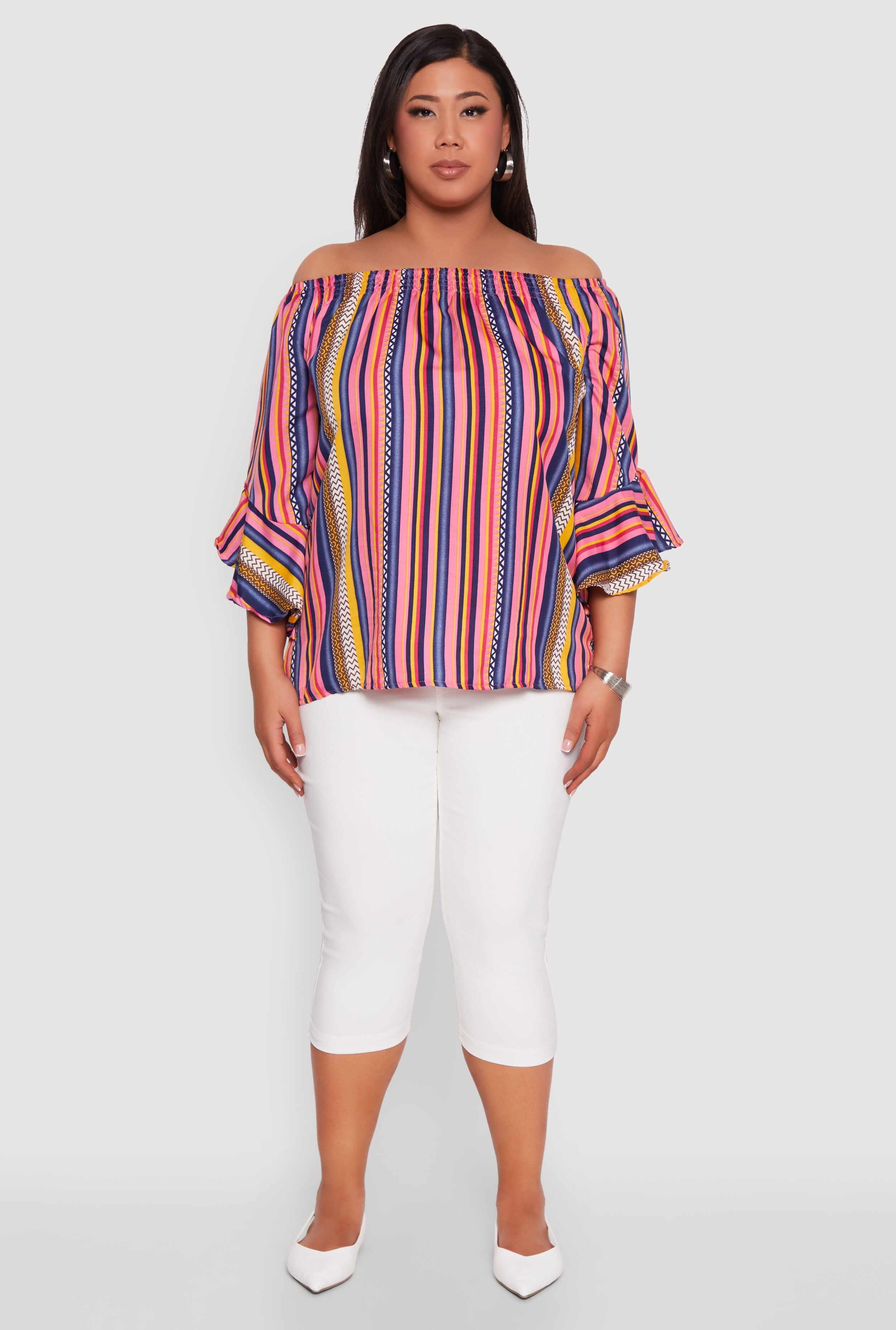 Plus Size Striped Off The Shoulder Blouse