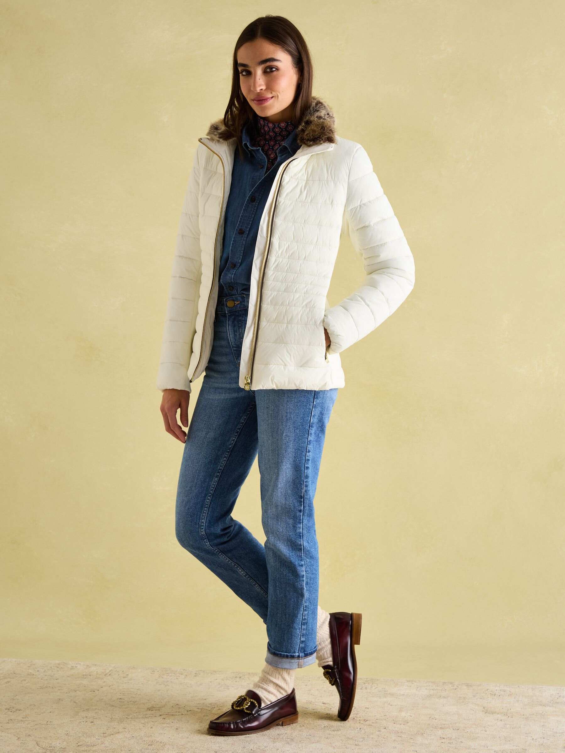 Beckley White Padded Showerproof Jacket with Faux Fur Trim