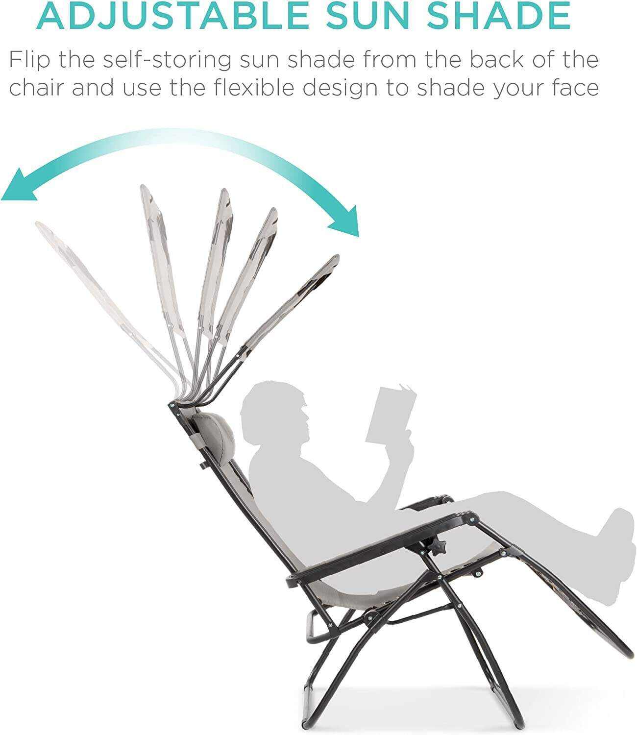 Folding Zero Gravity Outdoor Recliner Patio Lounge Chair w/Adjustable Canopy Shade, Headrest, Side Accessory Tray, Textilene Mesh - Beige