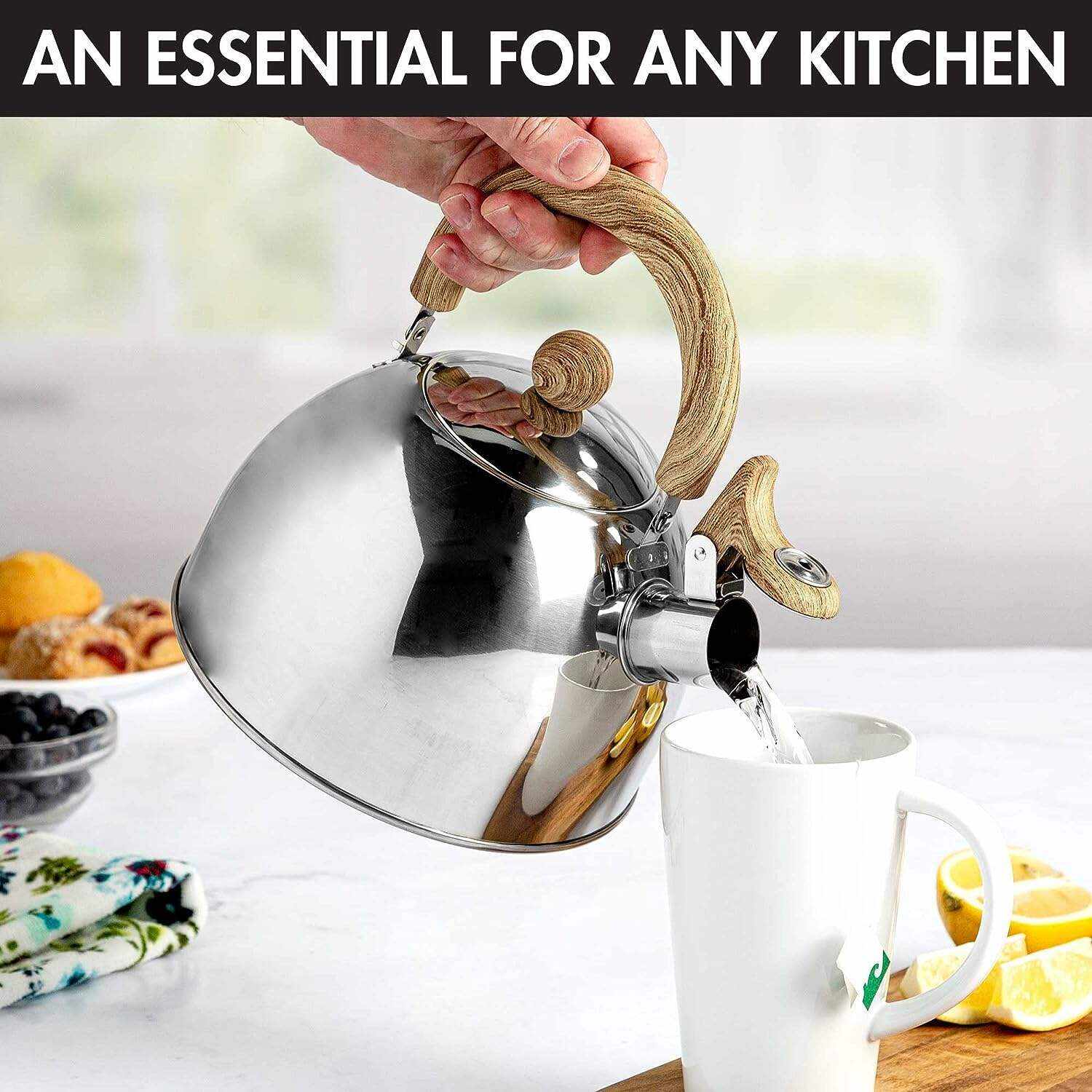 Primula Stewart Whistling Stovetop Tea Kettle Food Grade Stainless Steel, Hot Water Fast to Boil, Cool Touch Folding, 1.5-Quart, Brushed with Black Handle