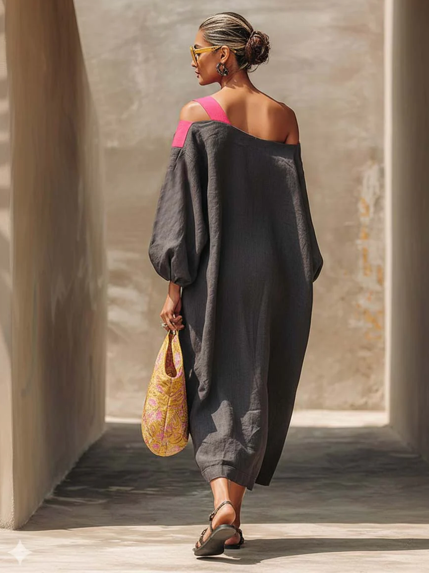 🔥Summer Arrivals🌟Casual Off-the-shoulder Color-block Loose Cotton Dress