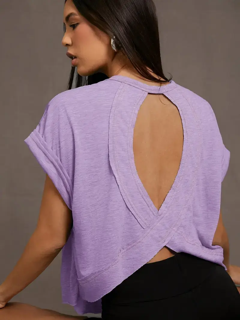 Women's Plain Cut Out Asymmetrical Hem Batwing Sleeve Tee, Elegant Casual Short Sleeve Round Neck T-Shirt for Summer, Ladies Clothes for Daily Wear