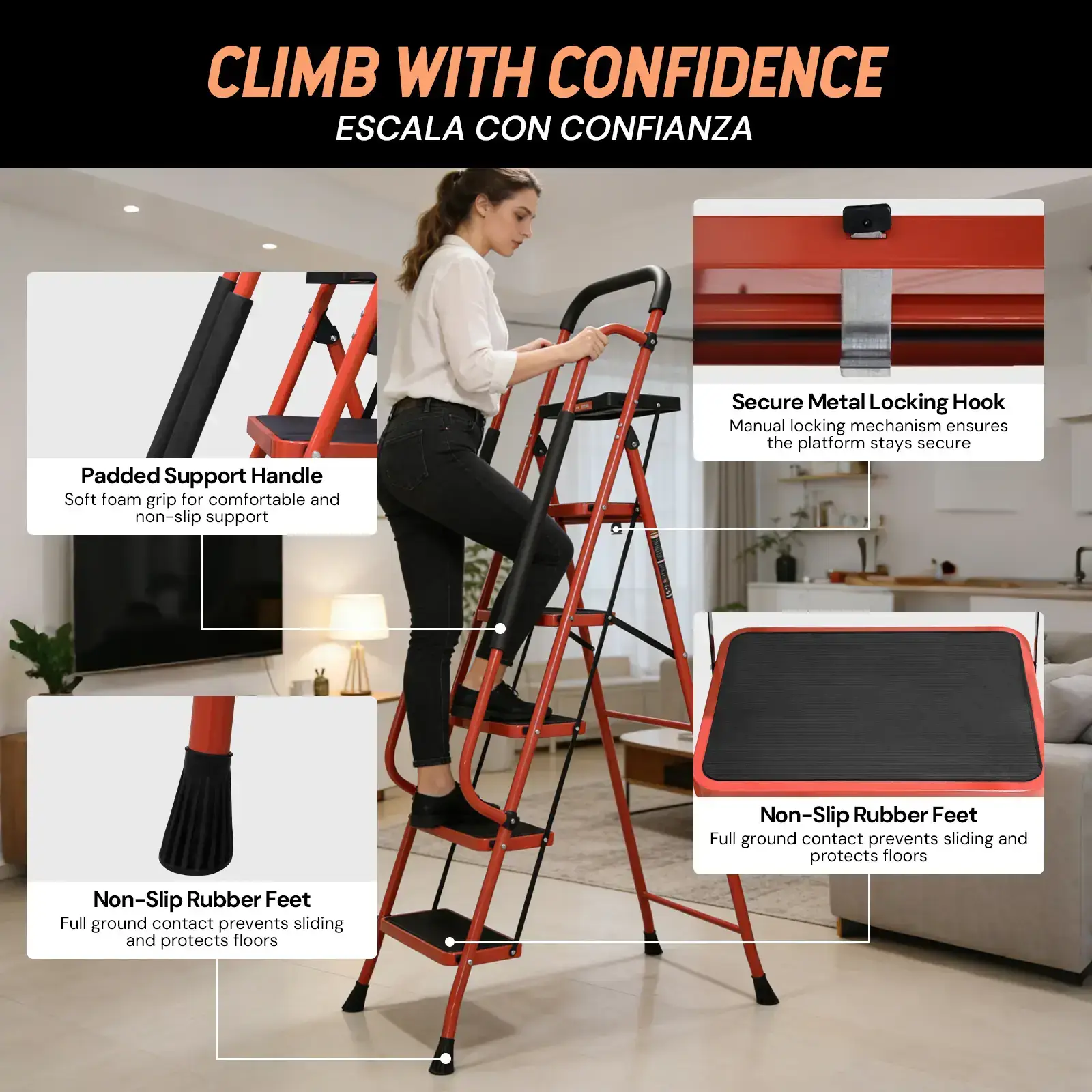 Sturdy Portable 5-Step Ladder, 800 LBS Capacity, Foldable with Handrail & Tool Tray, Ideal for Kitchen & DIY Projects, Sturdy Portable Ladder