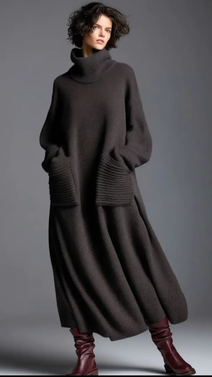 🔥Summer Arrivals🌟Women's Solid Color High-Neck Long-Sleeve Casual Loose Knit Dress