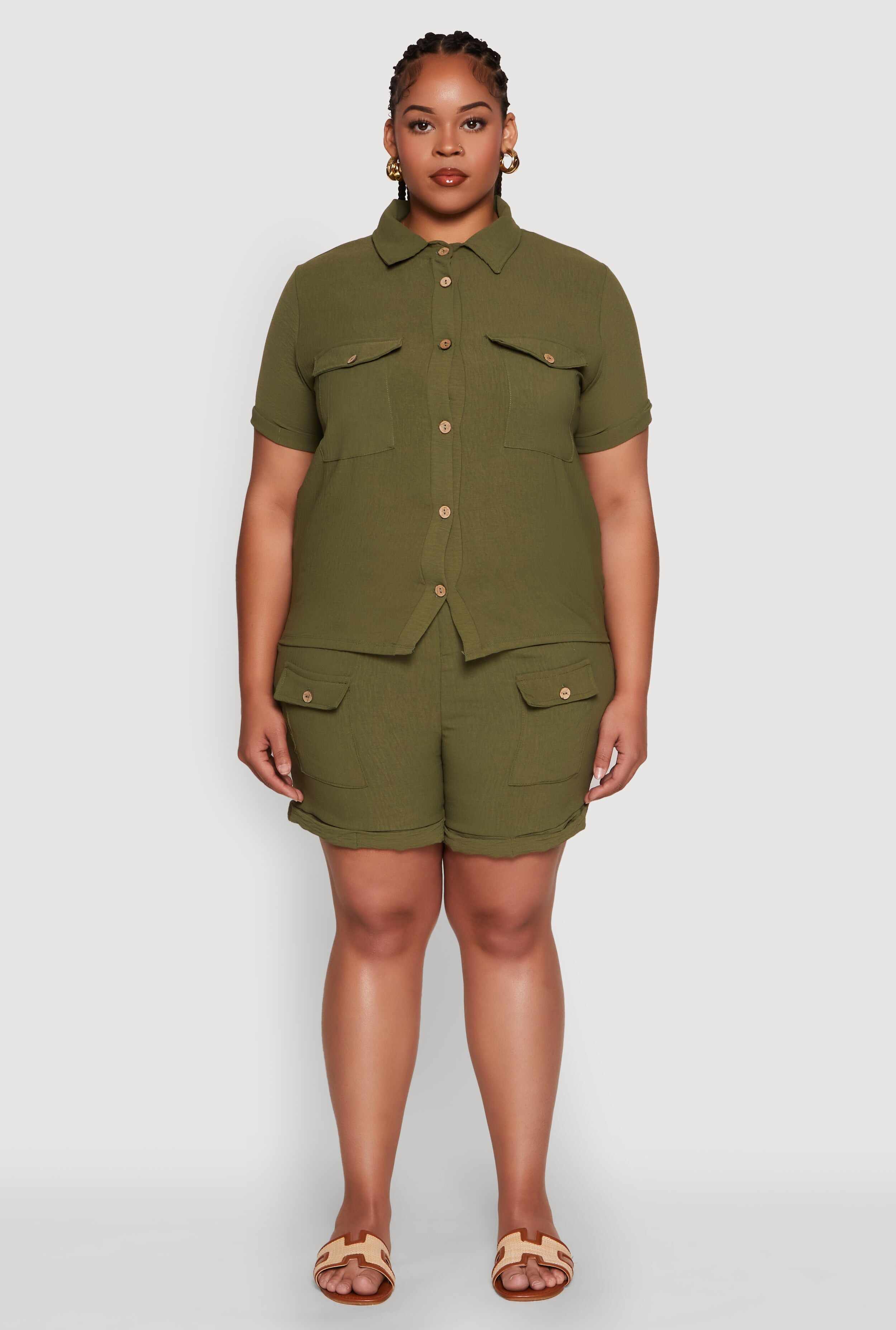 Plus Size Crepe Knit Cargo Pocket Button Front Shirt