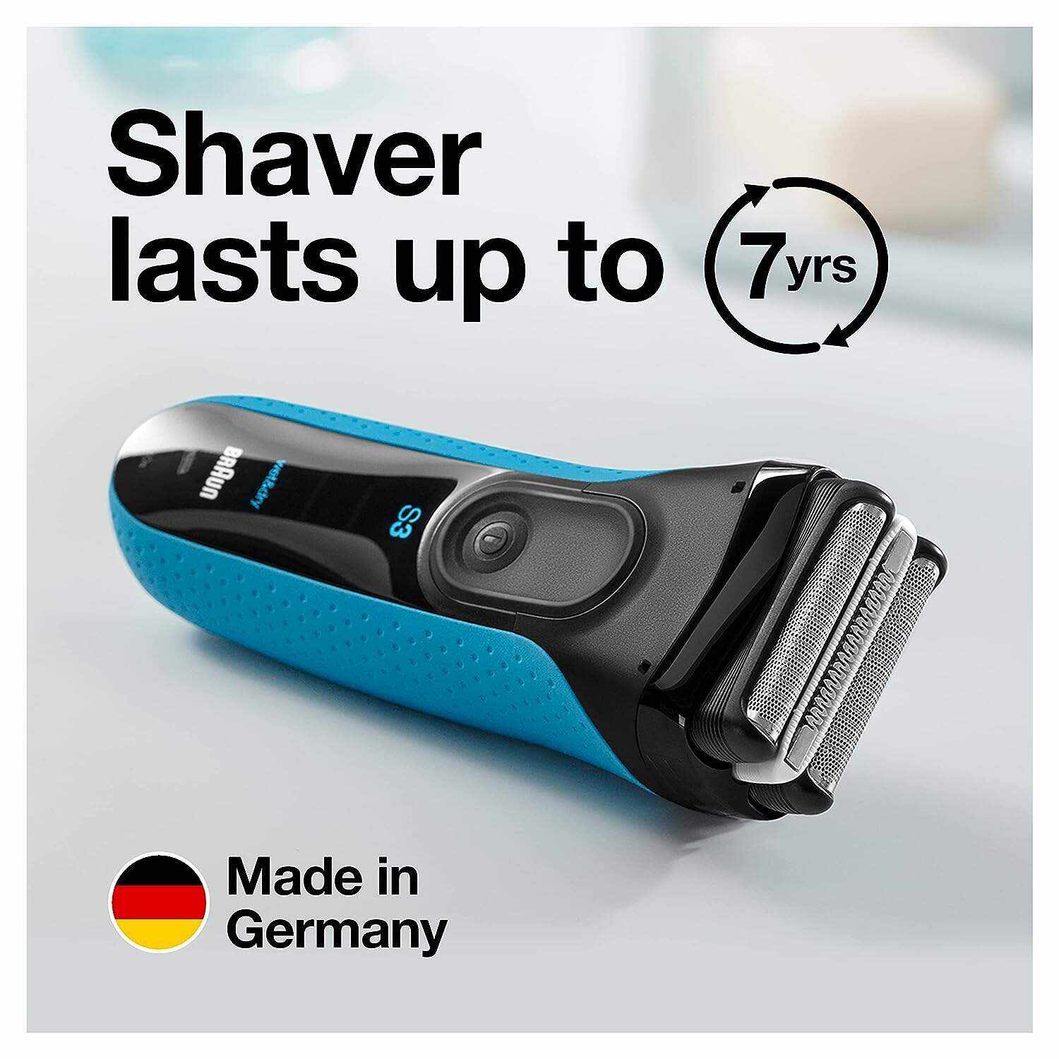Braun Electric Series 3 Razor with Precision Trimmer, Rechargeable, Wet & Dry Foil Shaver for Men, Blue/Black, 4 Piece