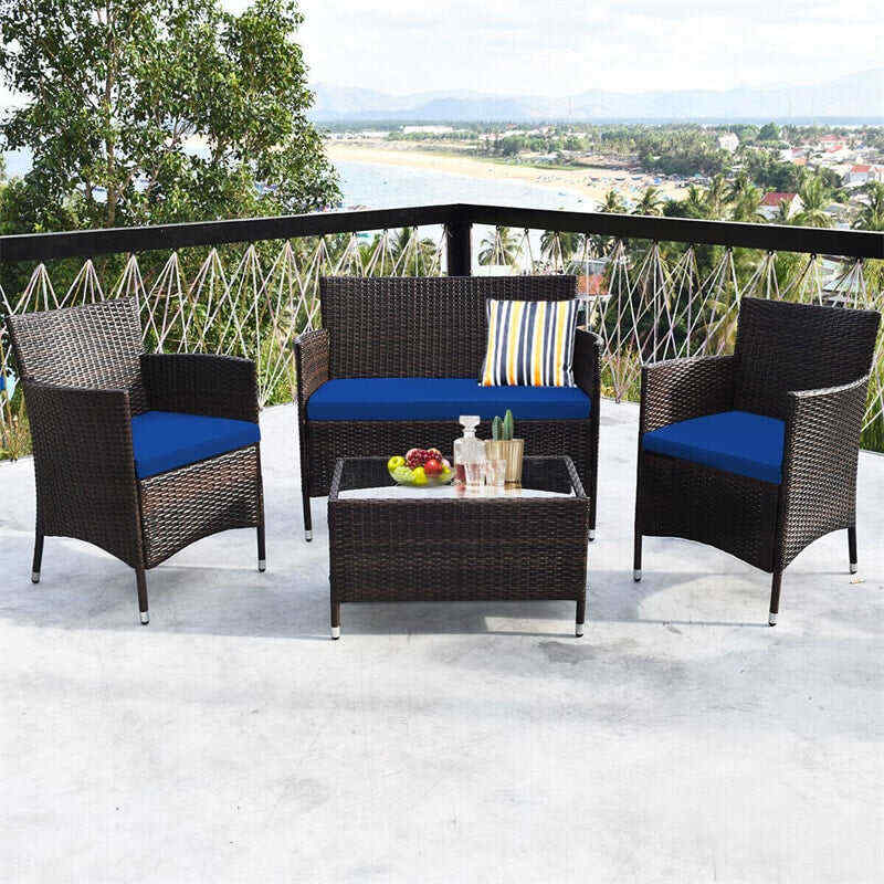 4 Pcs Outdoor Rattan Patio Conversation Set Wicker Furniture Set with Coffee Table and Cushioned Sofas