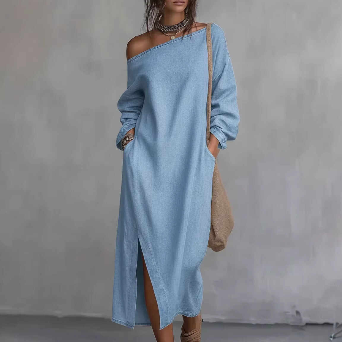 Loose-fitting One Shoulder Split Hem Cotton Linen Midi Dress