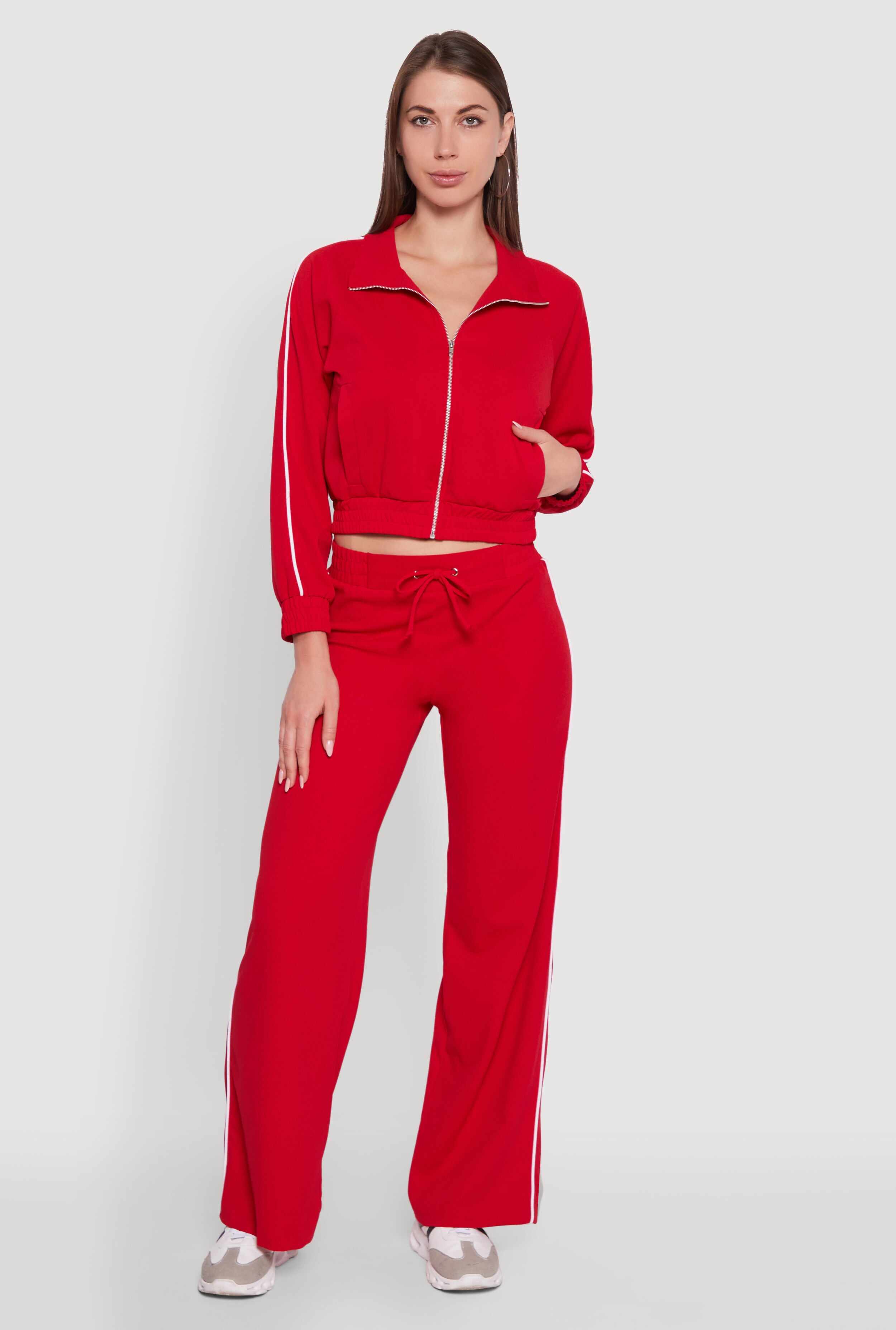 Crepe Knit Zip Front Jacket with Contrast Piping