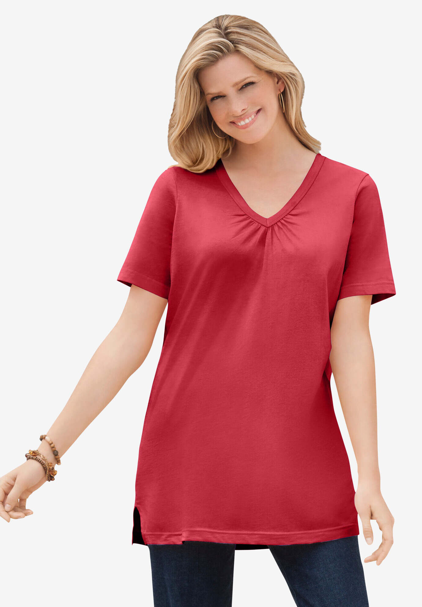 Perfect Short-Sleeve Shirred V-Neck Tunic