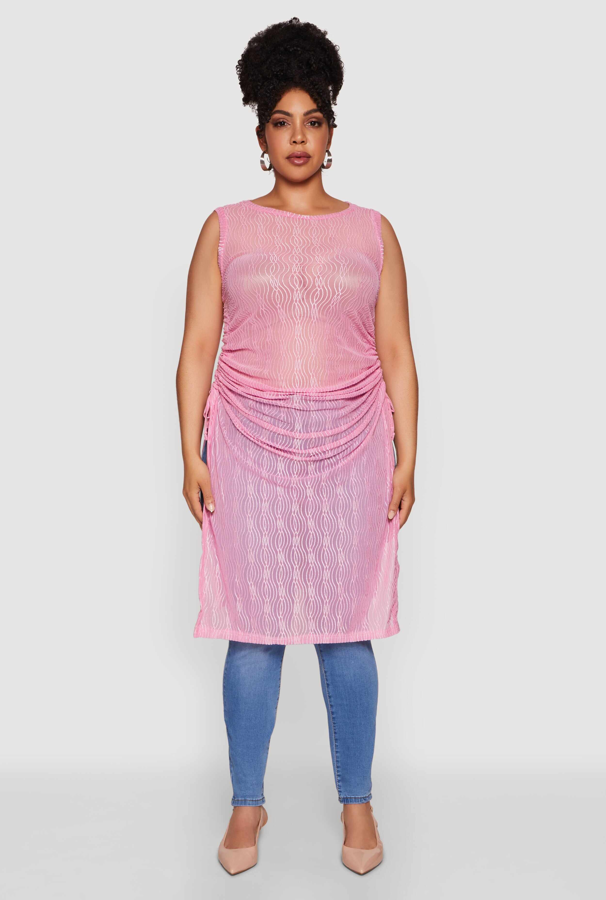 Plus Size Stylish Mesh Side Slit Tank Top with Ruching and Maxi Hem