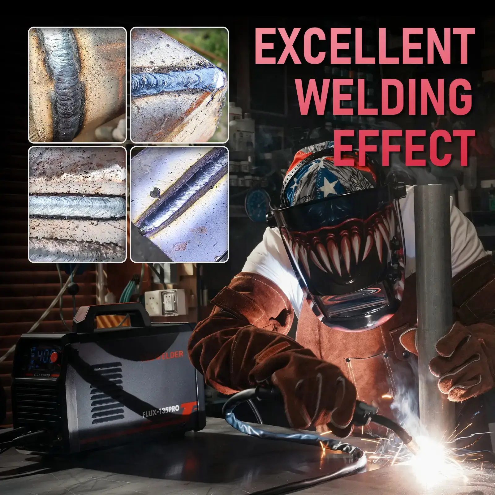 FLUX-135PRO 135Amp 110V Flux Core MIG Welder, Gasless MIG/Lift TIG/Stick 3-in-1 Welding Machine, Digital Display DC IGBT Synergic Control