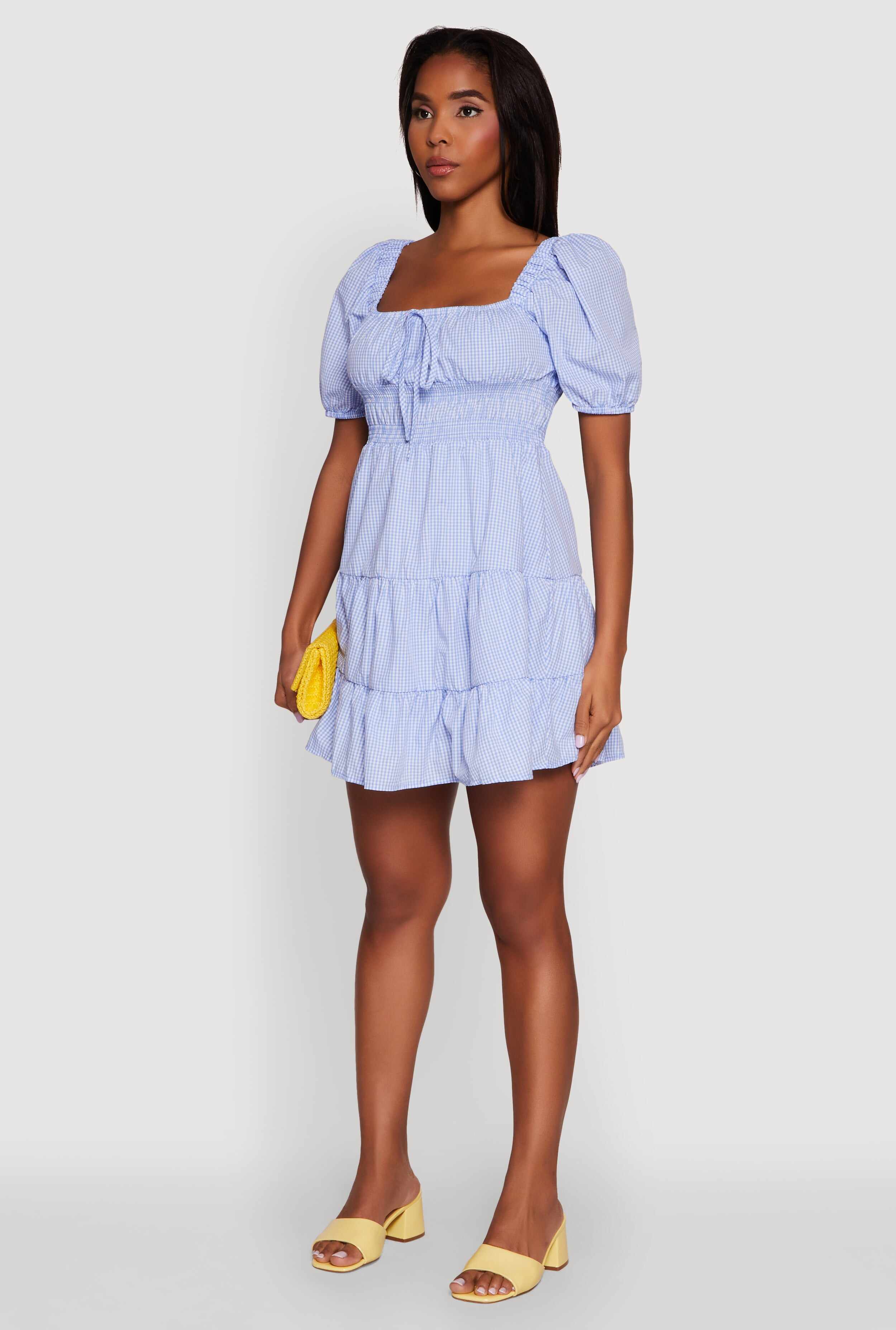 Gingham Puff Sleeve Square Neck Tiered Peasant Dress