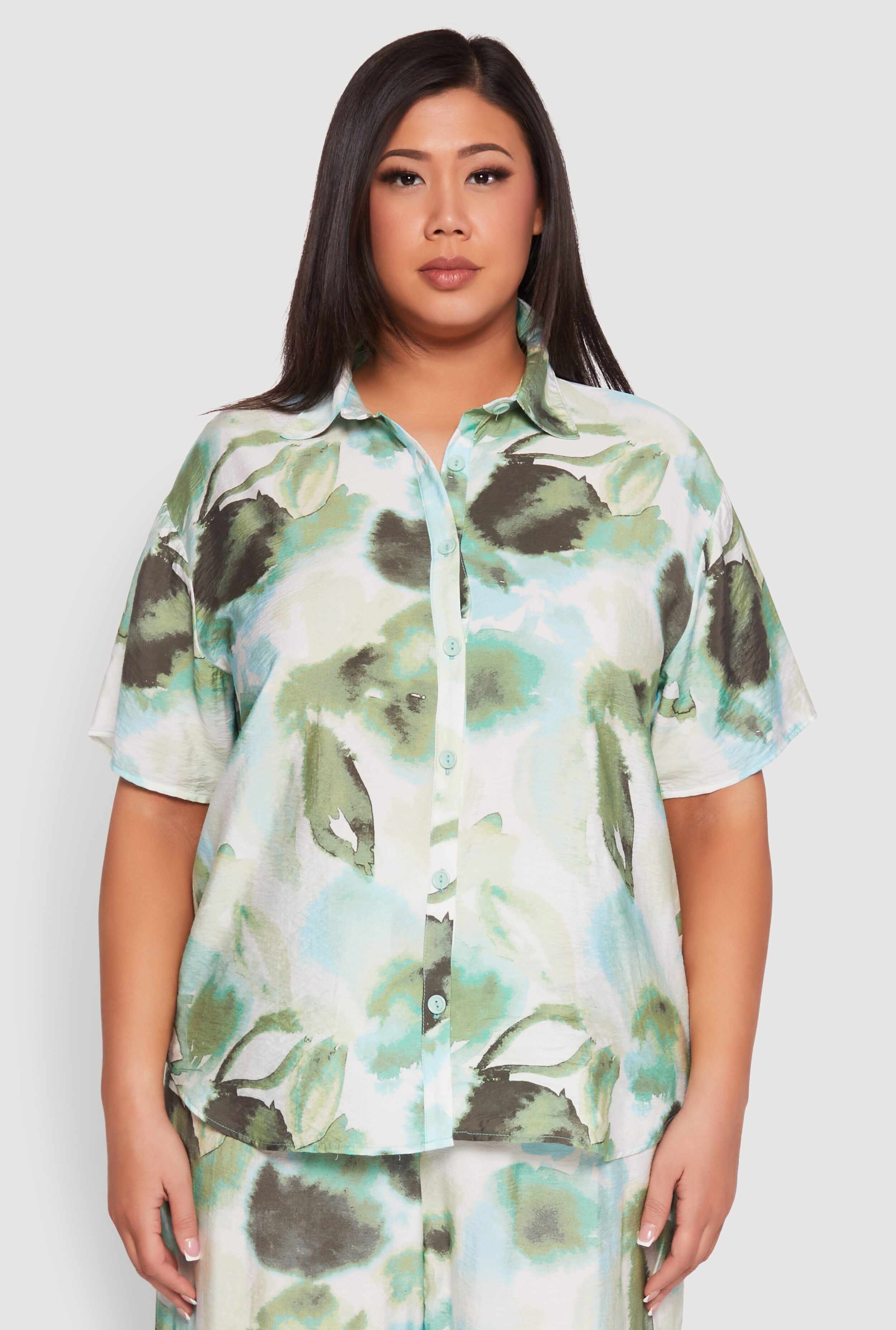 Plus Size Abstract Leaf Print Blouse