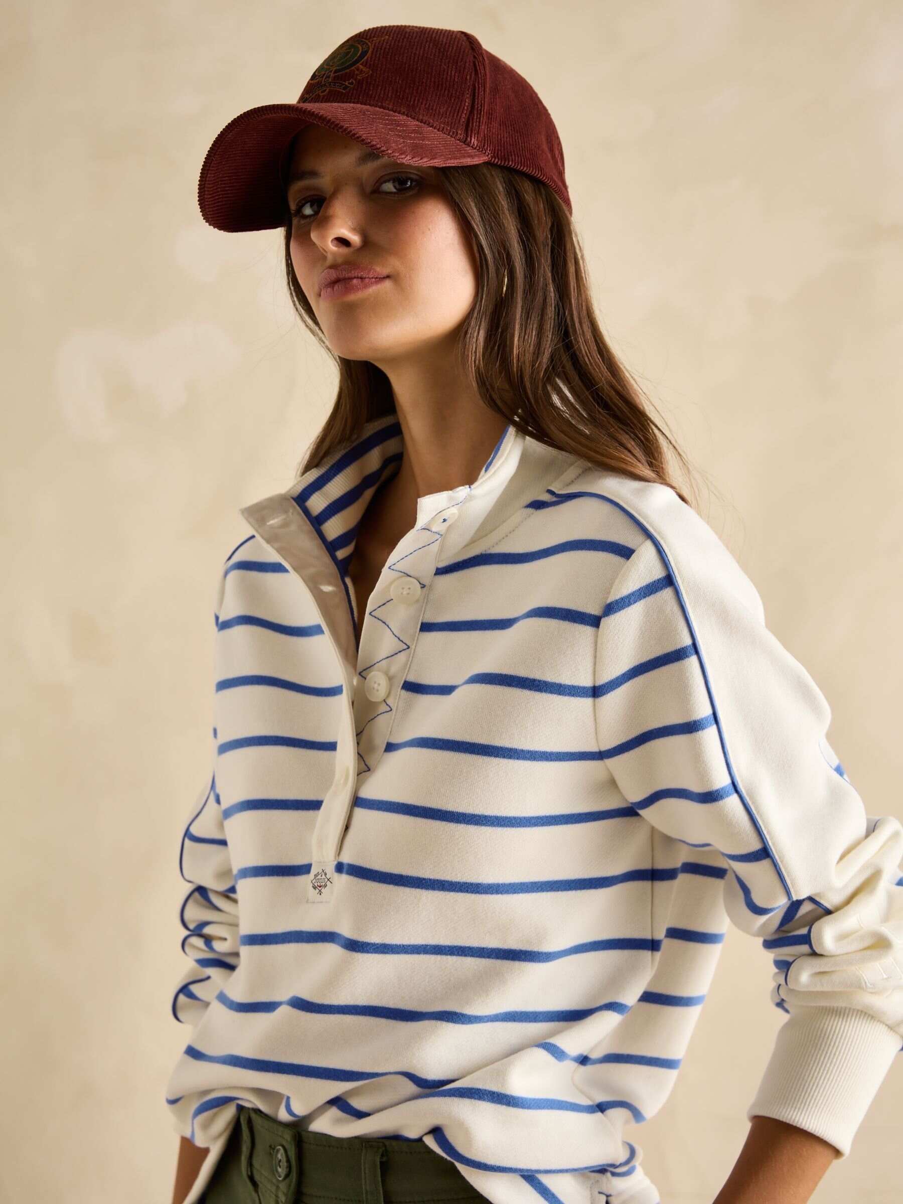 Southwold Cream & Blue Cotton Button Down Striped Sweatshirt