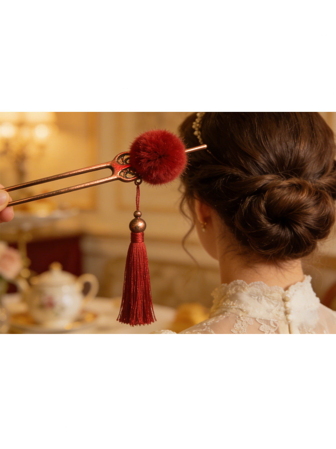 Vintage Red Copper Alloy Fuzzy Ball Decorated Tassel A Pair Hairpin
