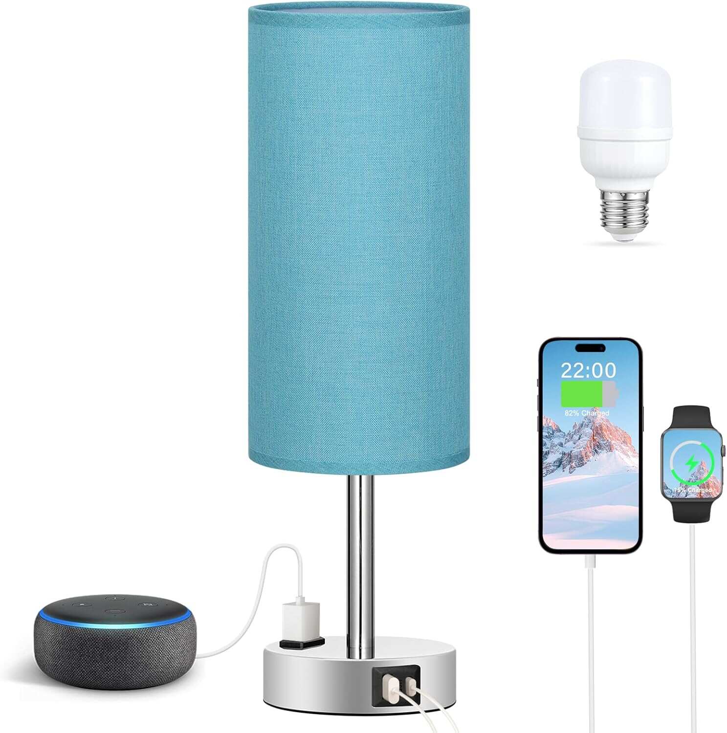 Bedside Table Lamp for Bedroom - 3 Way Dimmable Touch Lamp USB C Charging Ports and AC Outlet, Small Lamp Wood Base Round Flaxen Fabric Shade for Living Room, Desk, LED Bulb Included