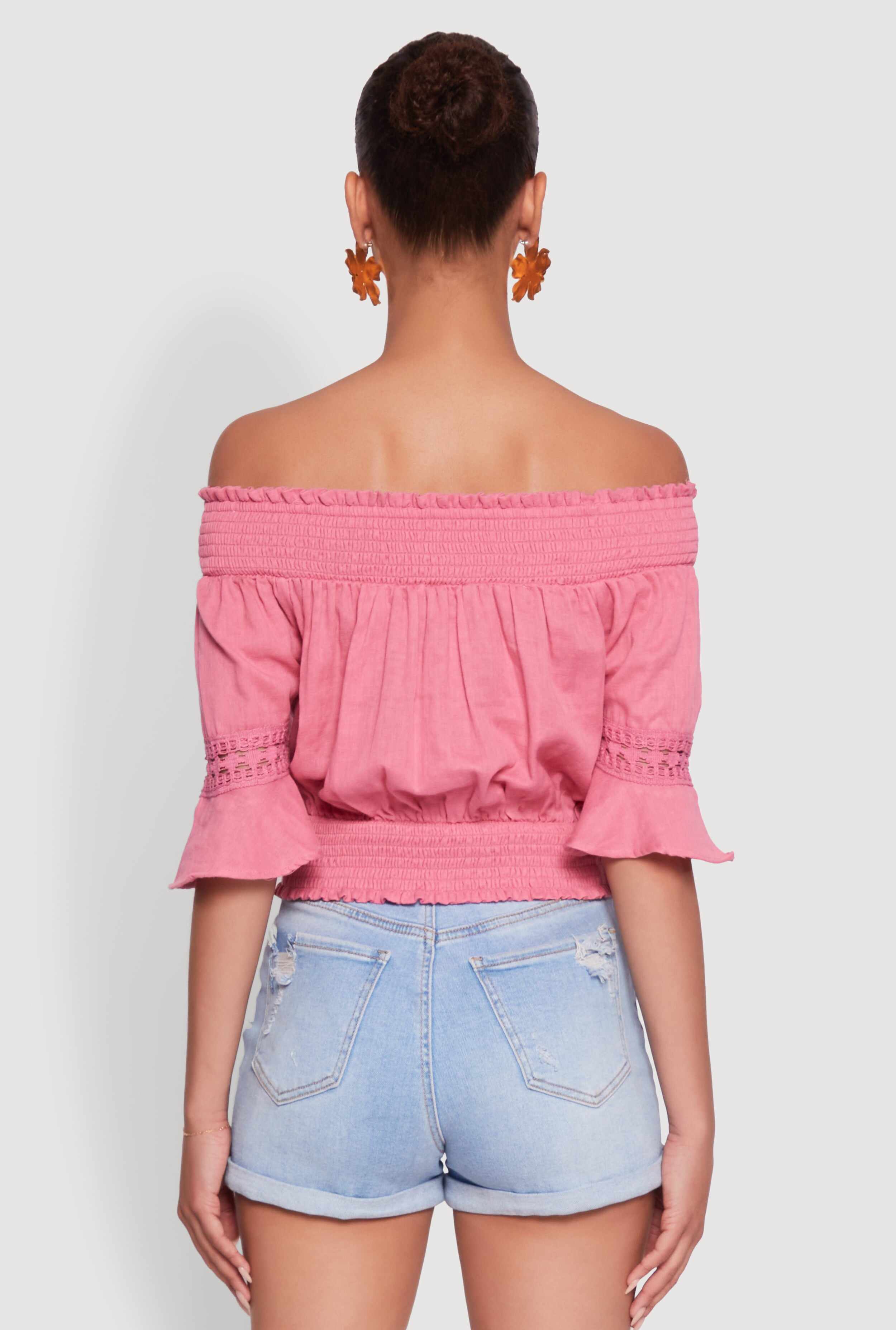 Off The Shoulder Smocked Cropped Peasant Top