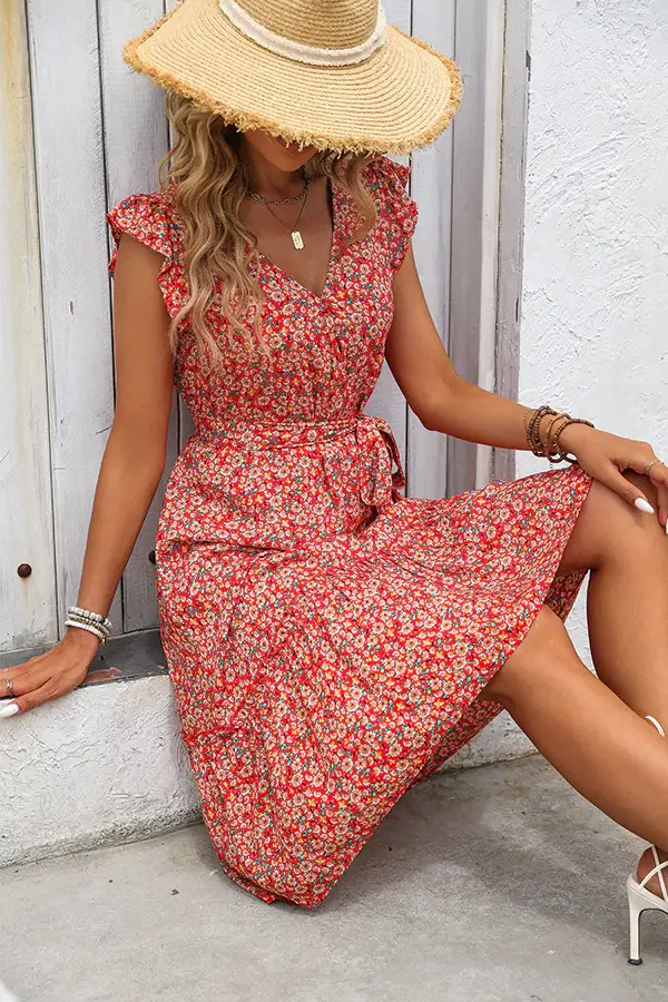 Fashion Ruffle Sleeve Flower Print Casual Dress
