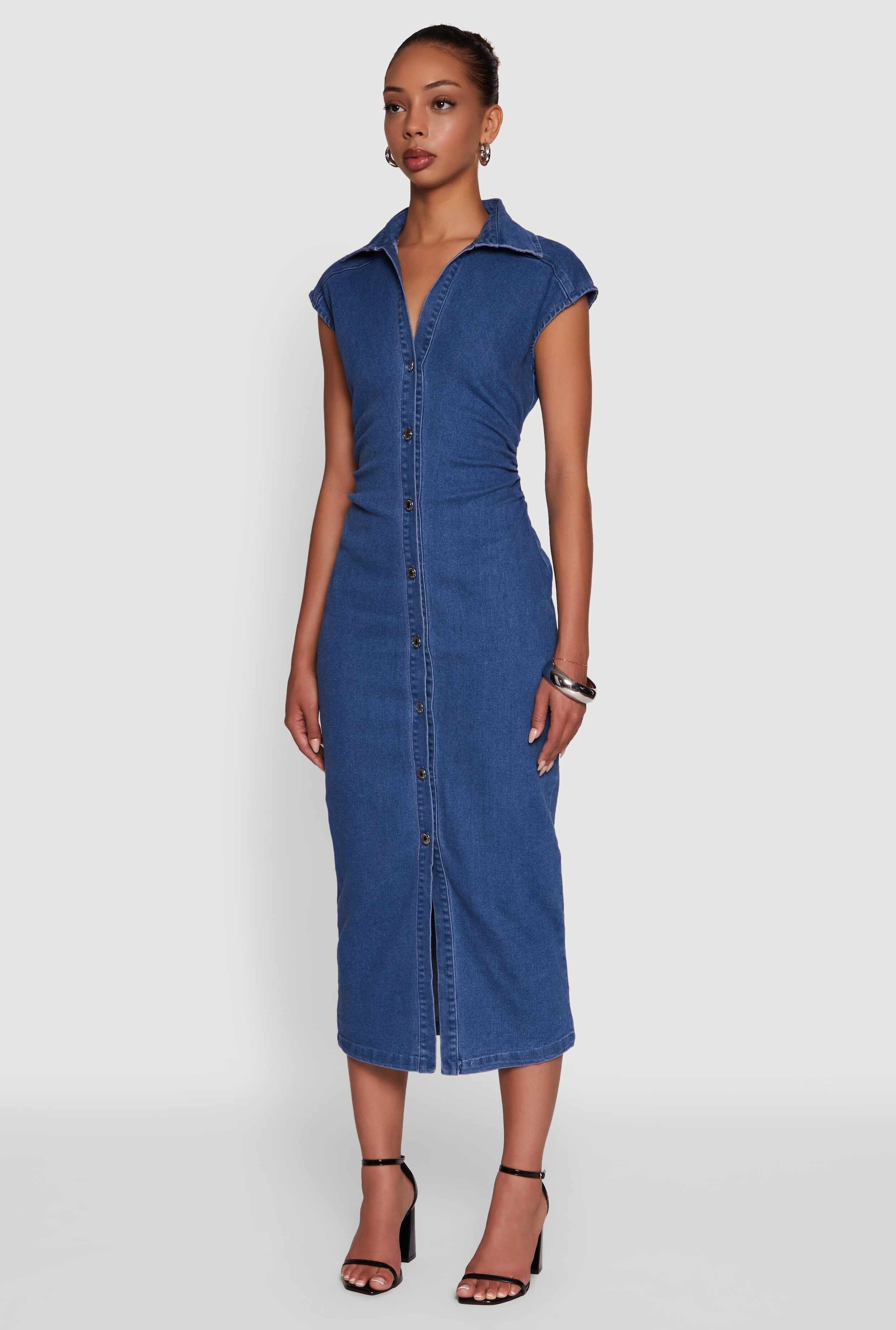 Haute Monde Button Front Cap Sleeve Denim Dress