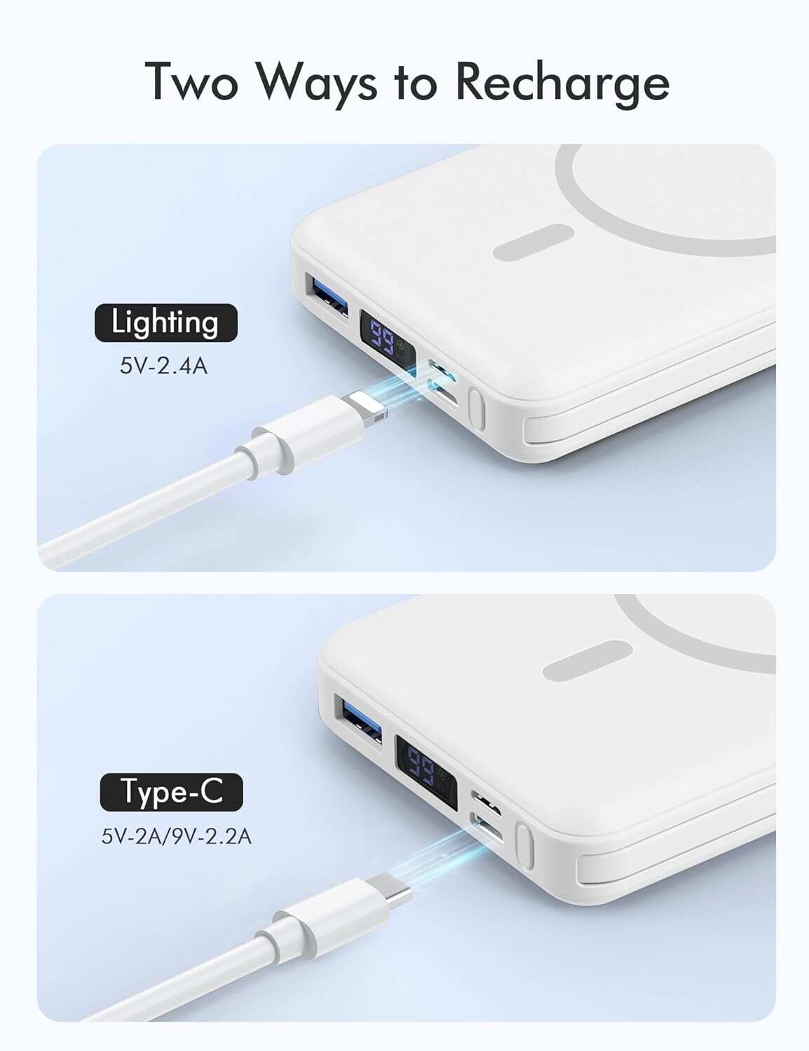 podoru Wireless Portable Charger, 10000mAh Magnetic Power Bank Built-in USB-C Lighting Cables 22.5W PD Fast Charging LED Display Mag-Safe Battery Pack for iPhone 15/14/13/12/Mini/Pro/Pro Max - White
