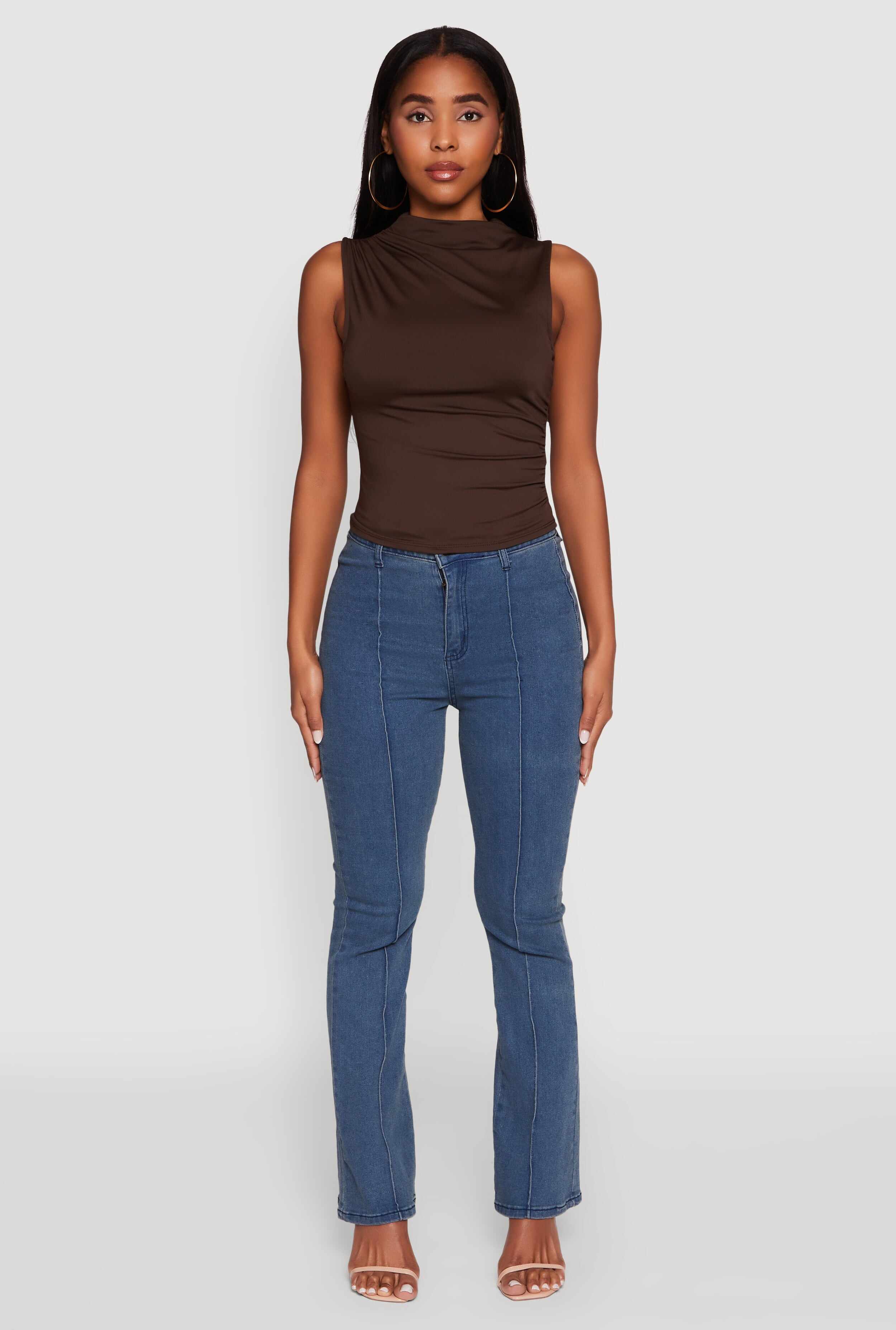 Madden Girl Sleeveless Classic Fit Solid Funnel Neck Top