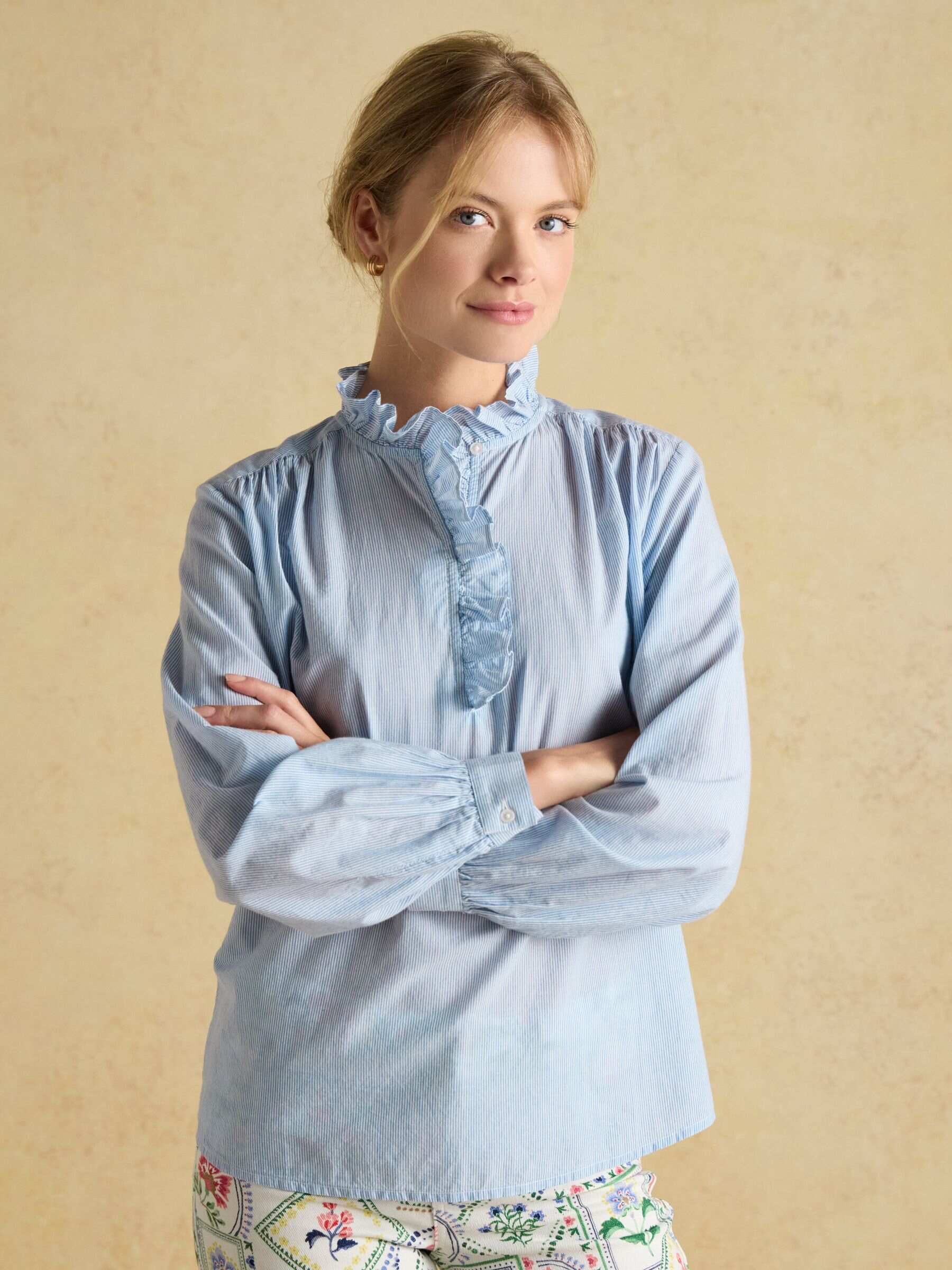 Melanie Blue/White Cotton Ruffle Blouse