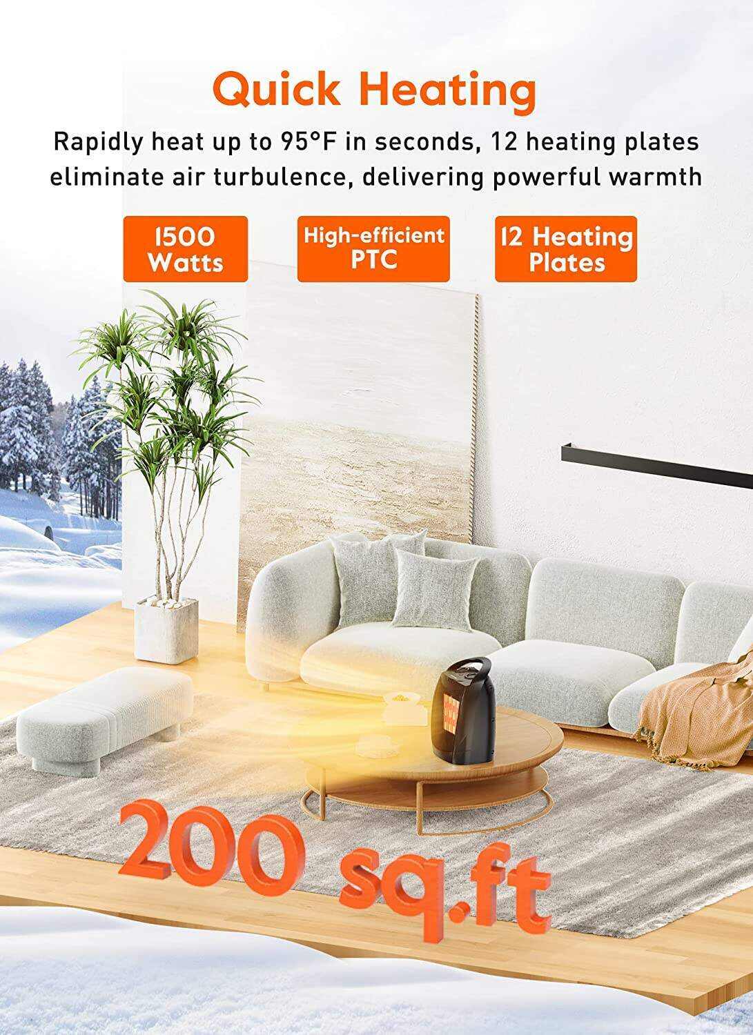 Portable Electric Space Heater with Thermostat, 1500W/750W Safe and Quiet Ceramic Heater Fan, Heat Up 200 Square Feet for Office Room Desk Indoor Use