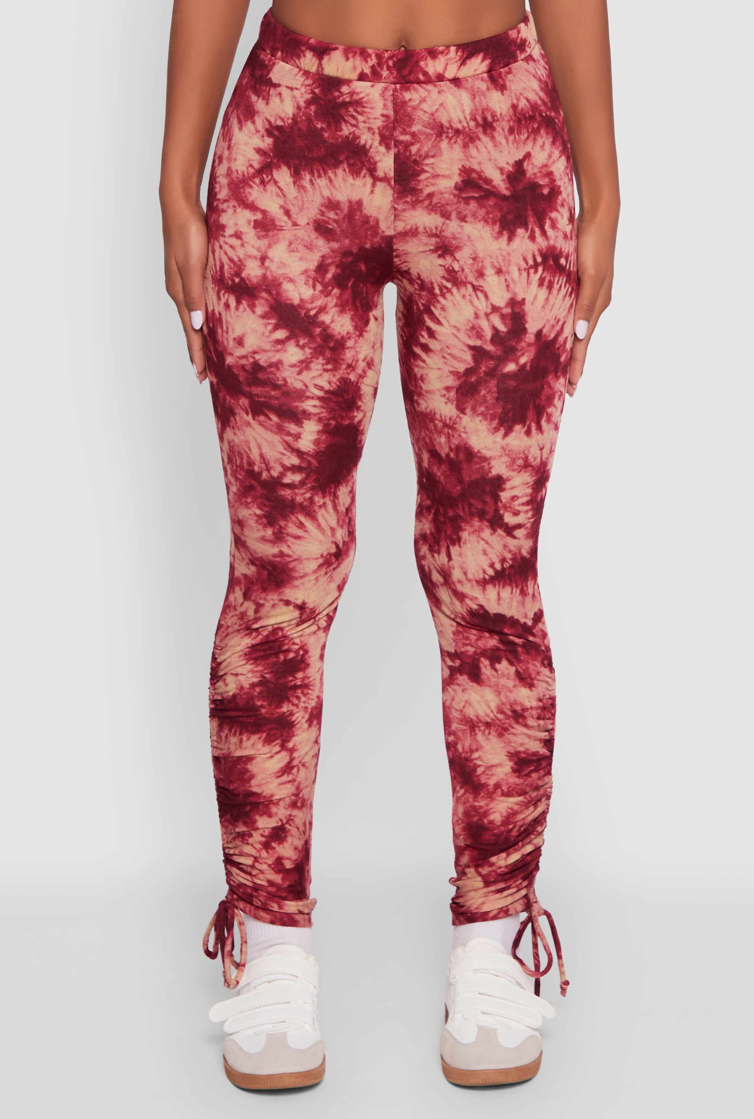 High Waisted Tie Dye Fleece Leggings with Drawstring Hem