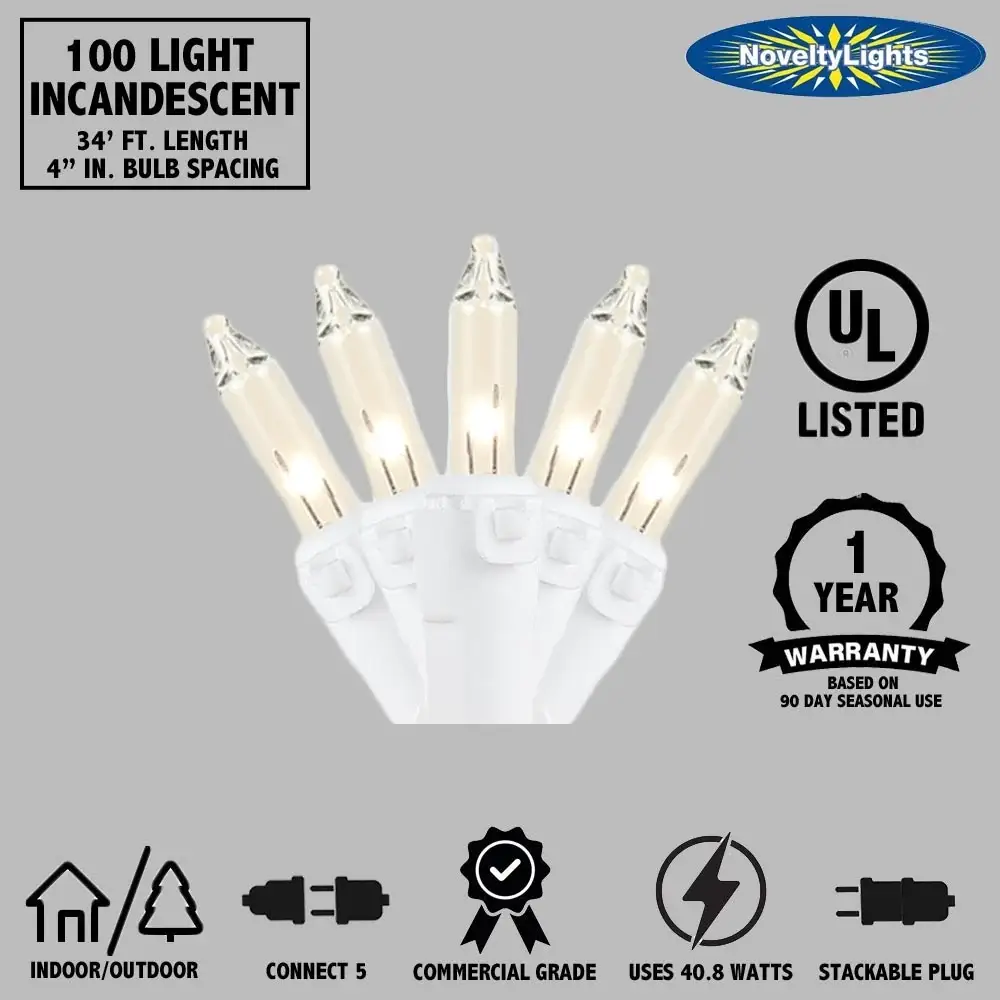 100 Light Christmas Mini Light Set, Black Wire, 34' Long