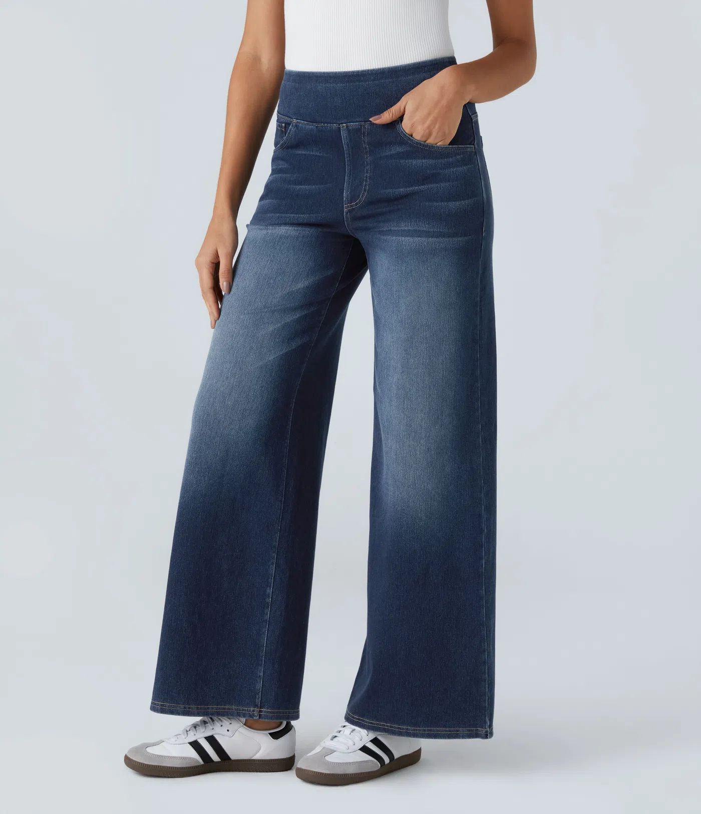 💝Last day promotion⚡High Waisted Multiple Pockets Baggy Wide Leg Washed Stretchy Knit Casual Jeans