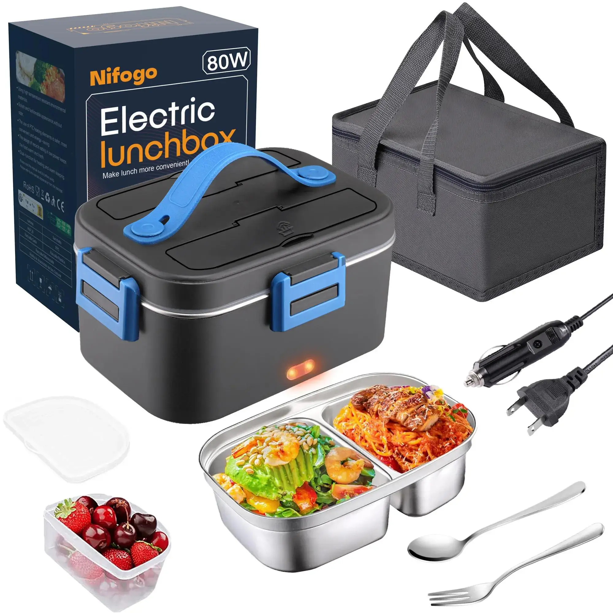80W Electric Lunch Box Leakproof Design 1.5L 1.8L Car Portable Food Heater With Cutlery Bag For Office Workers Students
