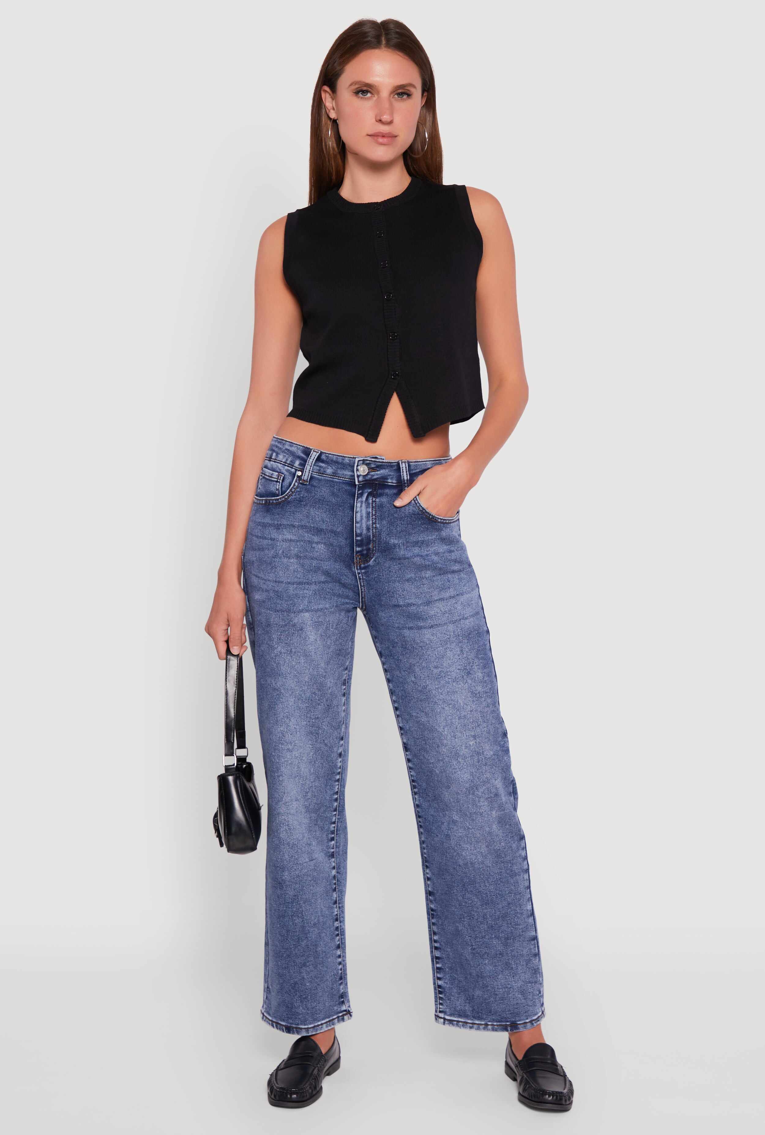 Acid Wash Mid Rise Straight Leg Jeans