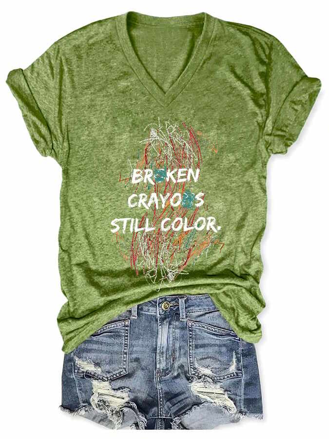 V-neck Retro Broken Crayons Still Color Print T-Shirt