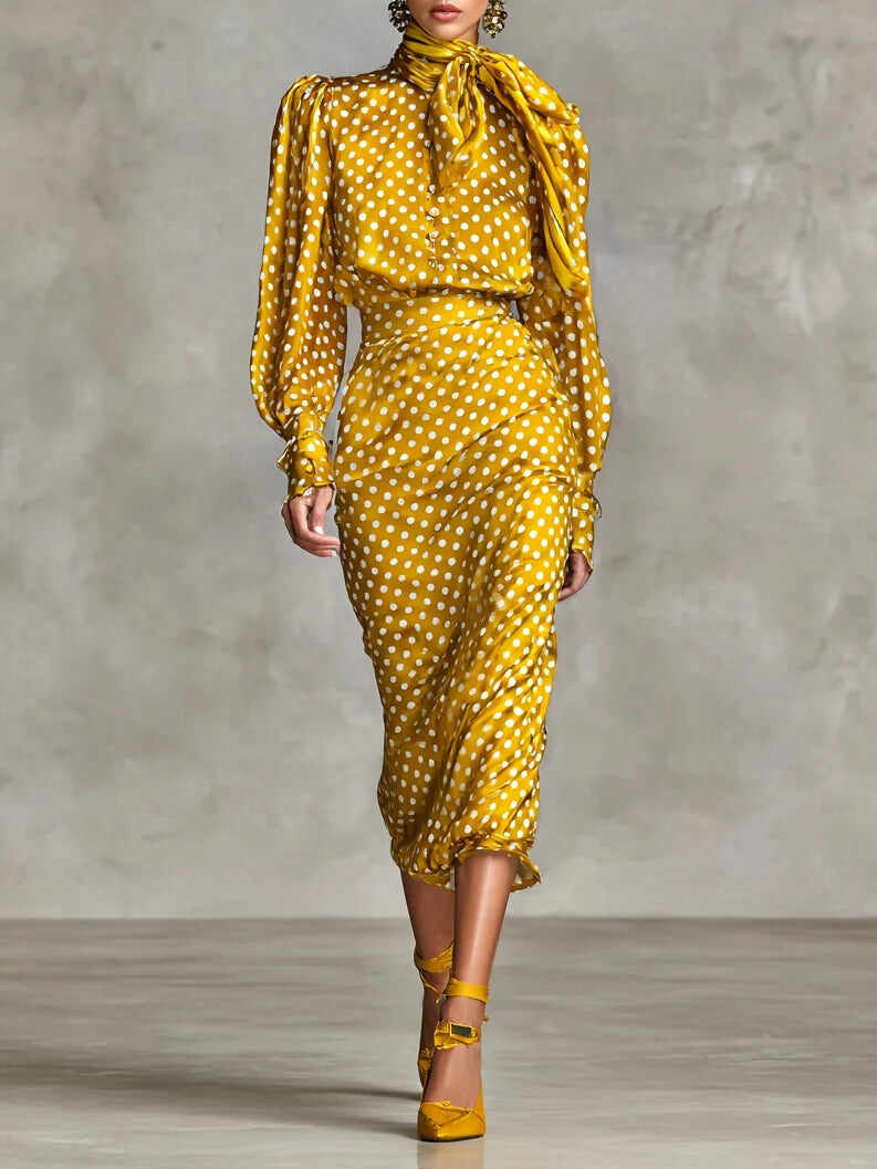 Vintage Satin Polka Dot Print Shirt And Skirt Two-Piece Set