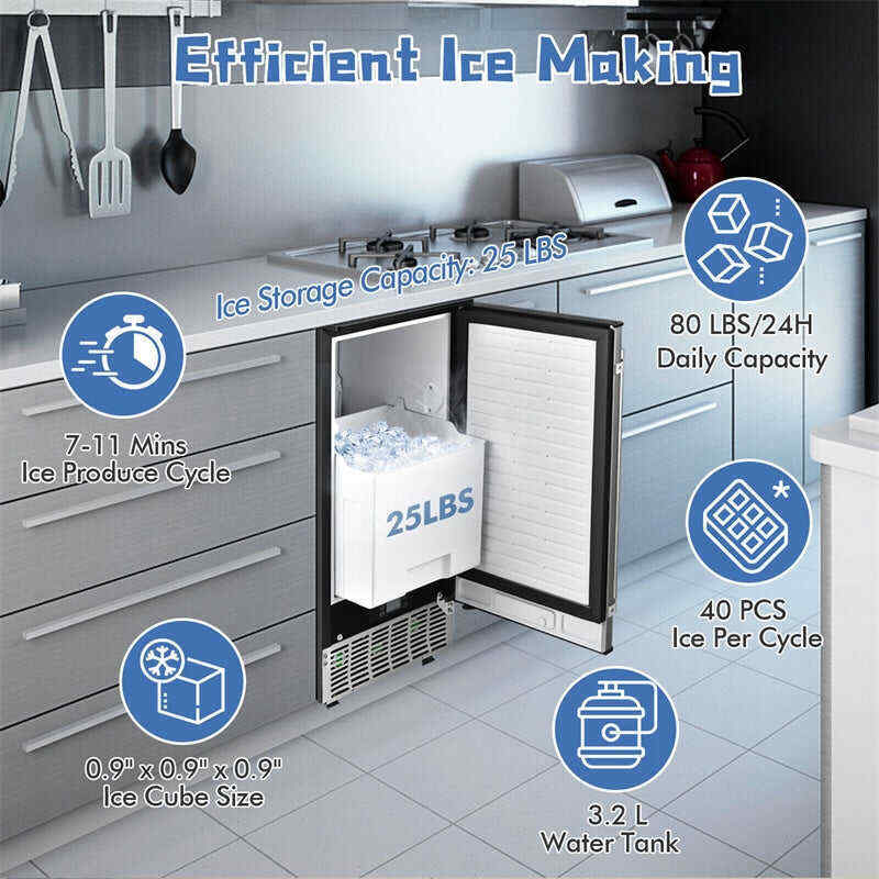 80 lbs/24H Commercial Undercounter Ice Maker Built-in & Freestanding Ice Cube Machine with Drain Pump & 25 lbs Capacity Ice Bin